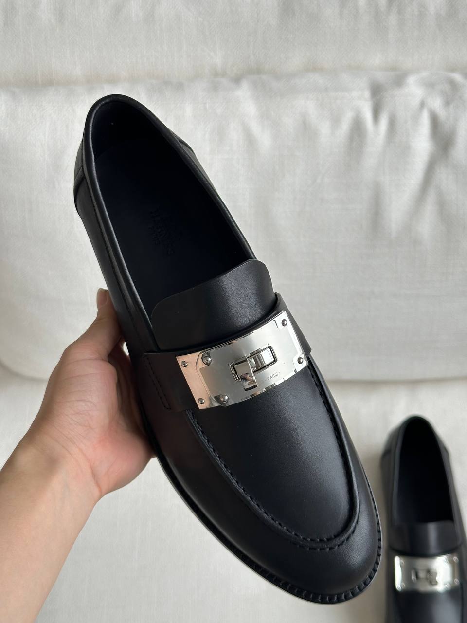 Hermès Black Calfskin Kelly Silver Buckle Loafers