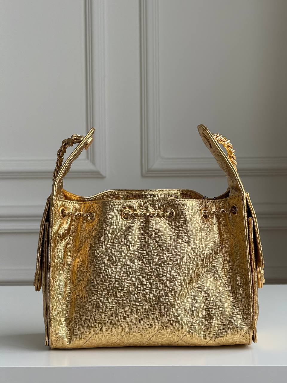 Chanel 25 Mini/Small Metallic Grained Calfskin Bucket Bag in Gold