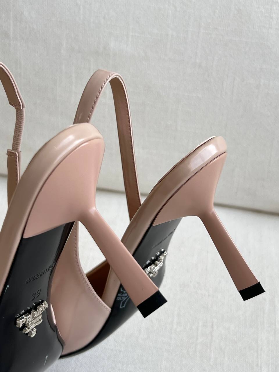 Prada Nude Patent Leather Pointed Toe Slingback Stiletto Heels