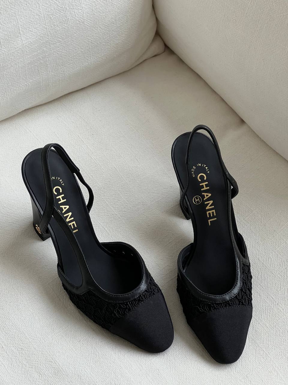 CHANEL Lace & Fabric Slingback Block Heel Pumps
