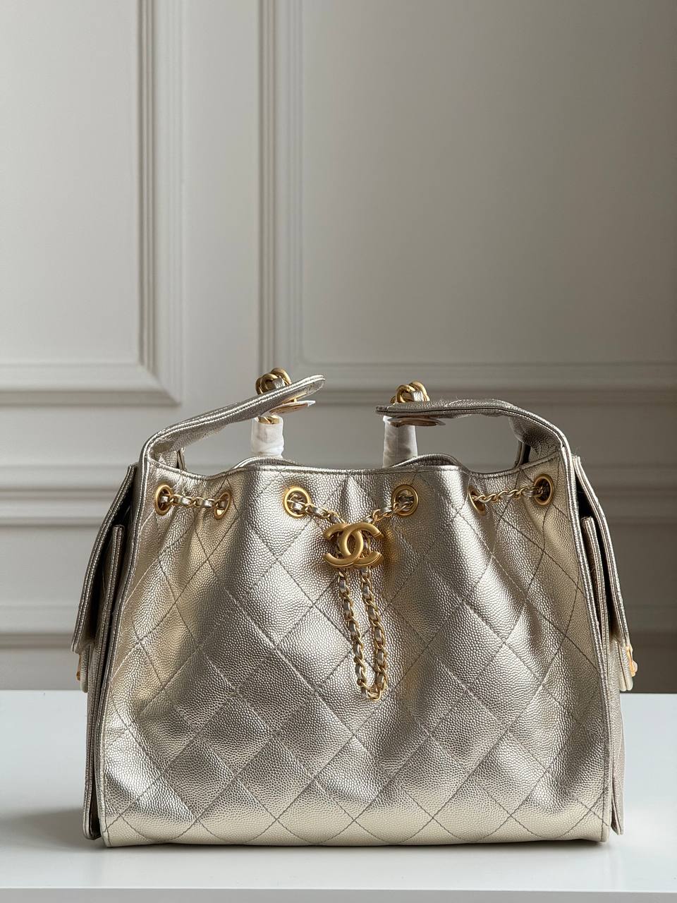 Chanel 25 Metallic Caviar Quilted Drawstring Bucket Bag
