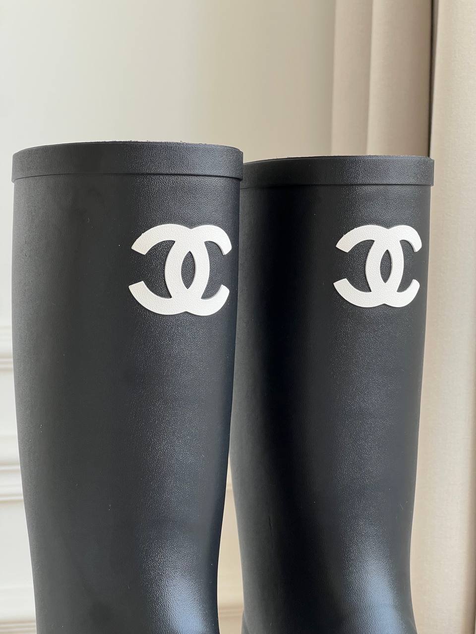 Chanel Black Rubber Tall Rain Boots With White Interlocking CC Logo