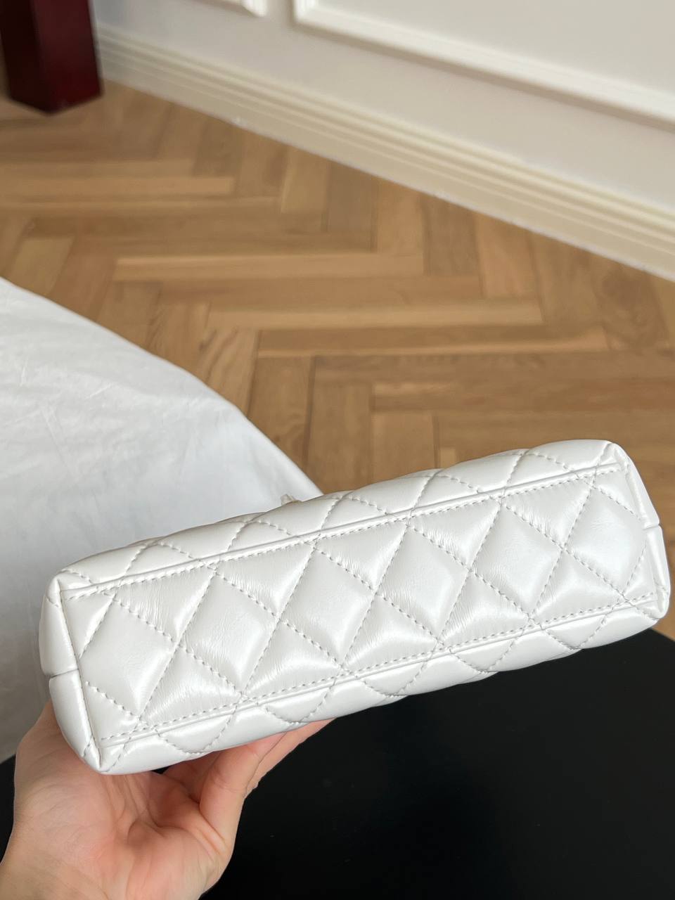 Chanel White Shiny Lambskin Quilted Mini Handbag With Gold CC Turn Lock
