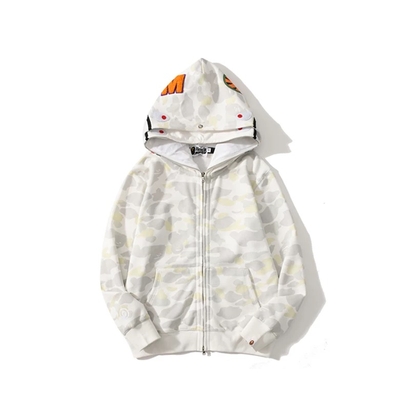 Luminous camo shark face embroidery zip up double hood hoodie