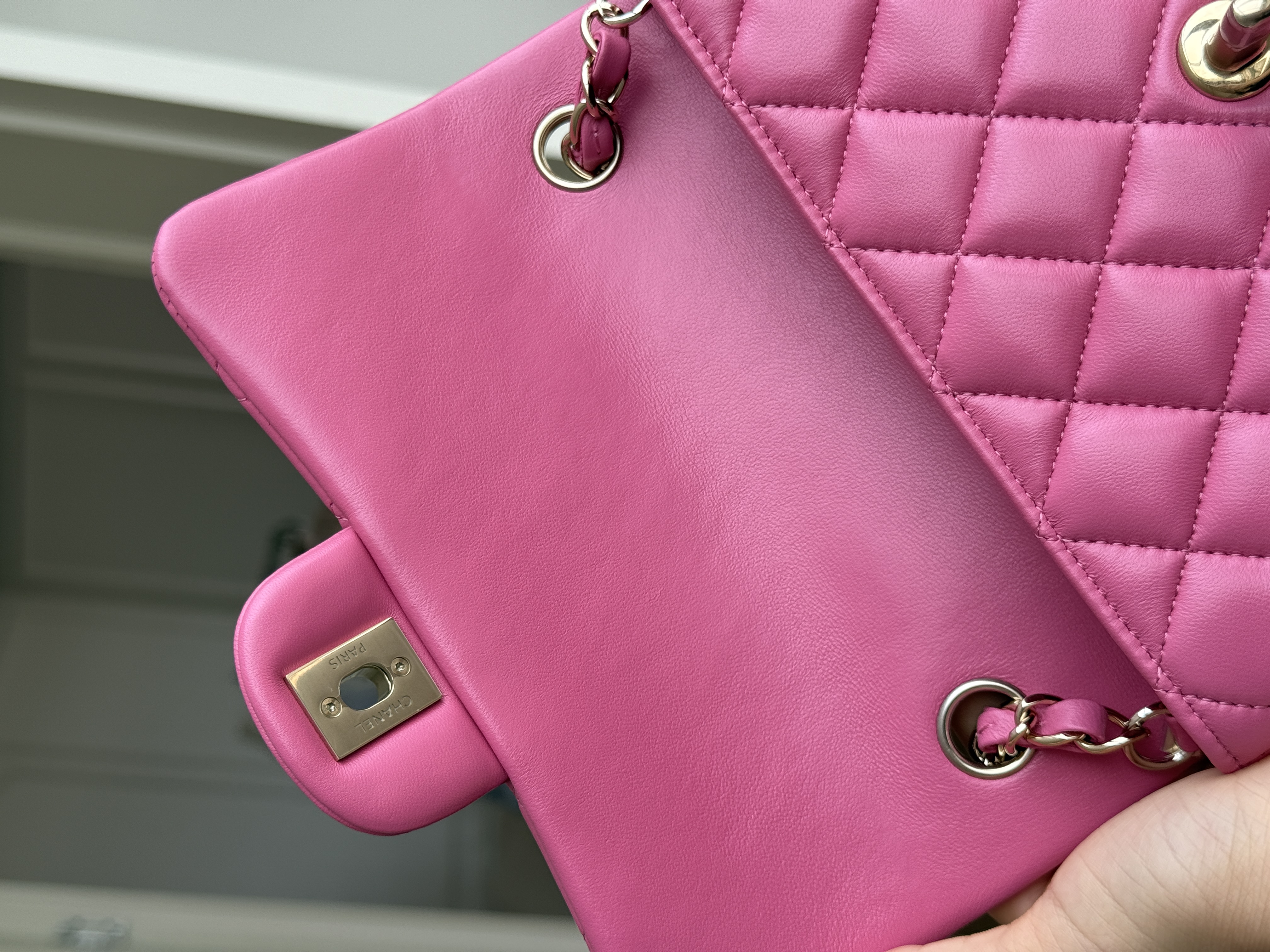 Chanel Hot Pink Lambskin Mini Classic Flap Gold CC Chain Bag