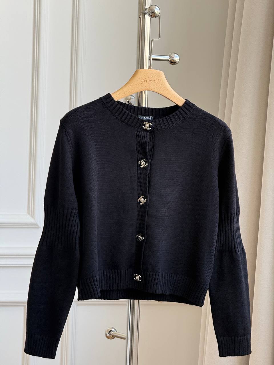 CHANEL Crew Neck Knit Cardigan with Double CC Buttons
