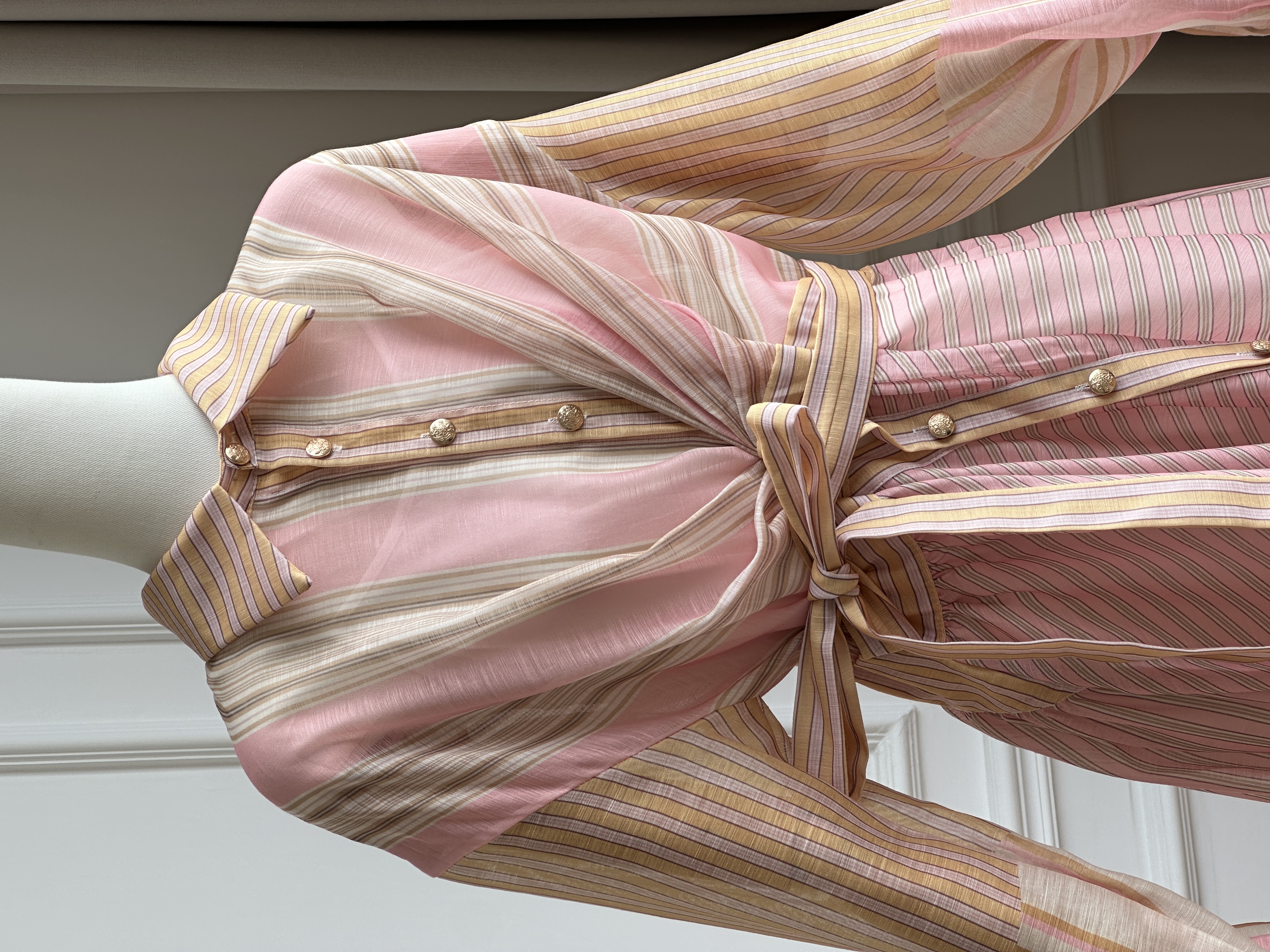 Pink Tone Striped Lapel Cross Wrap Tie-Waist Shirt Maxi Dress
