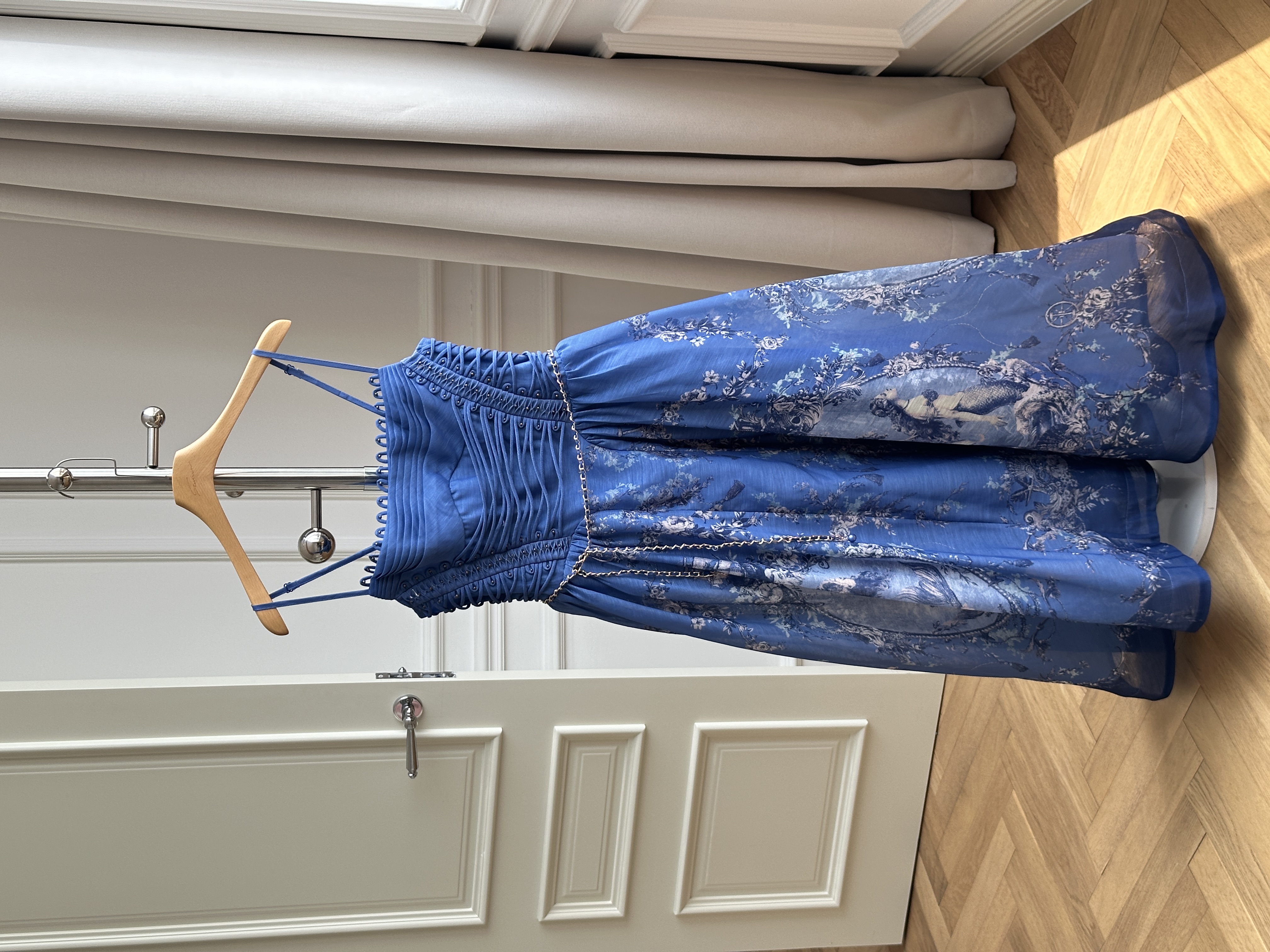 Klein Blue Mermaid Floral Print Ruched Bust Thin Strap Waisted Flowy Maxi Dress