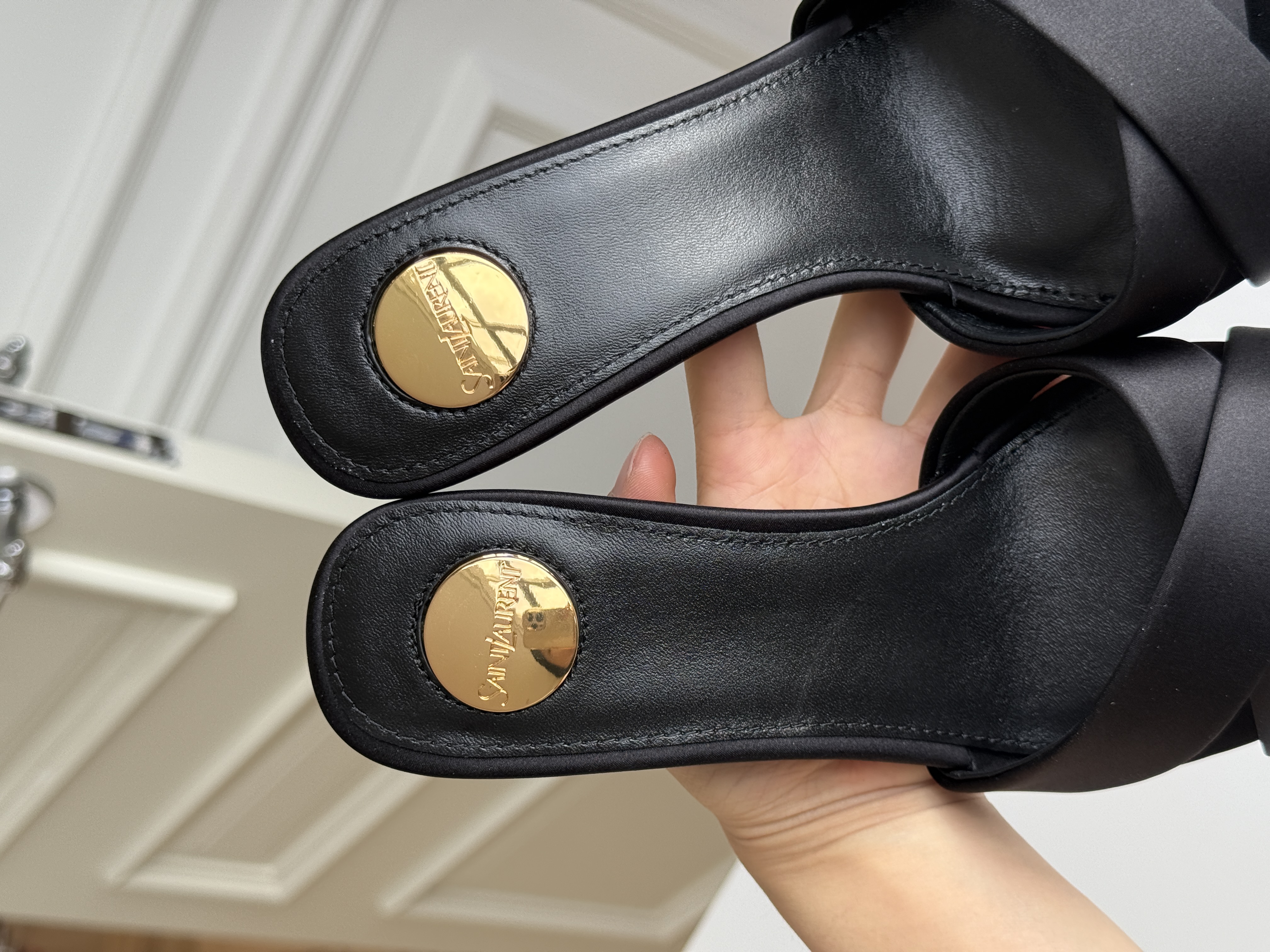 Saint Laurent Black Satin Crisscross Strap Gold Heel Sandals