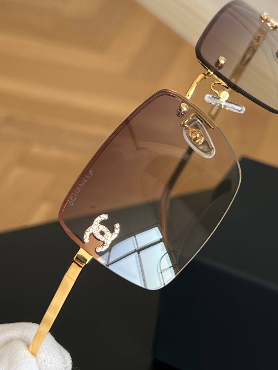 Chanel Gold Rimless Square Sunglasses With Crystal Interlocking CC Logo Gradient Brown Lenses
