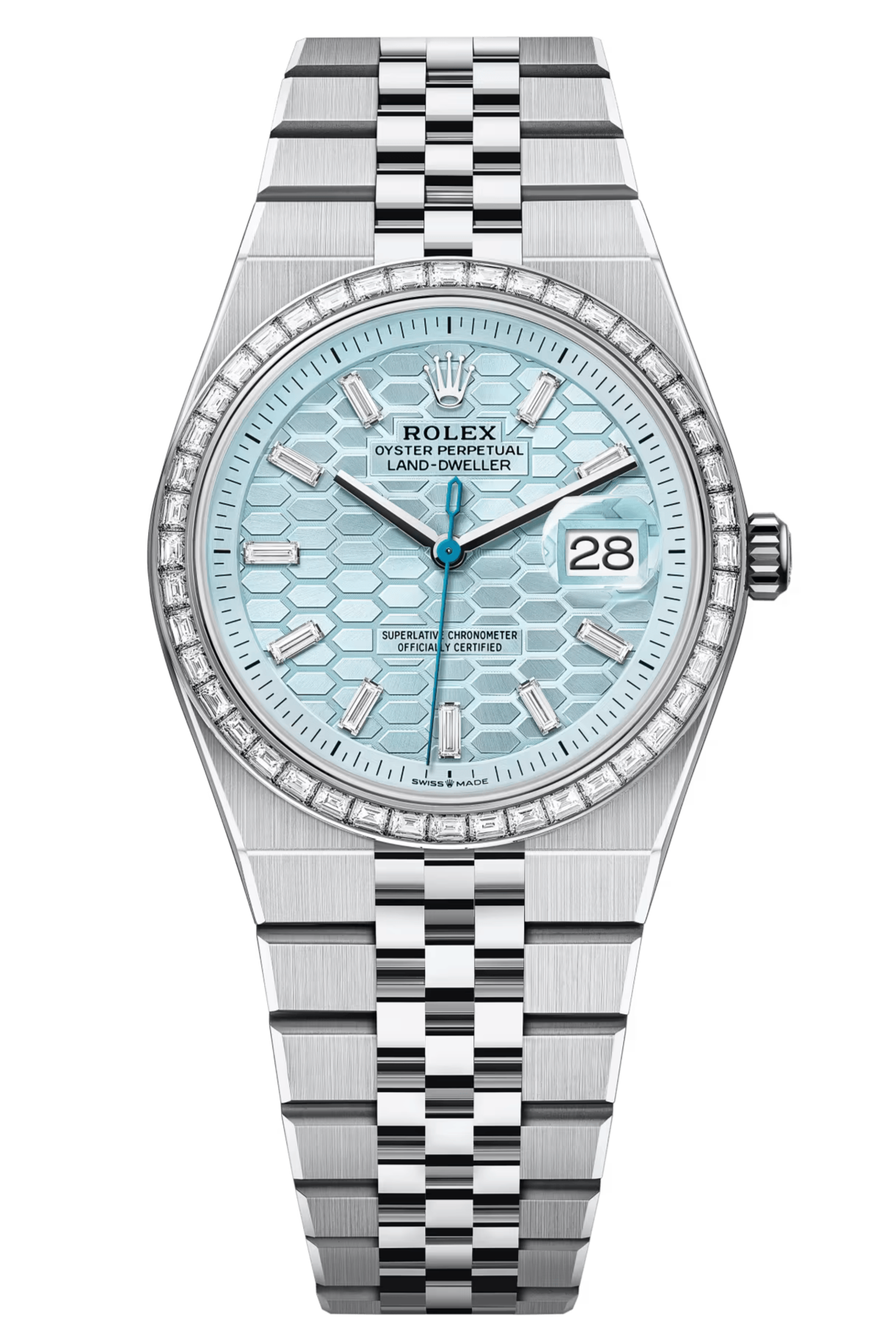 Rolex Land-Dweller 36mm Platinum Fluted Bezel Ice Blue Honeycomb-Motif Diamond Baguette Dial Flat Jubilee - 127286TBR - New 2025【1:1 Replica】