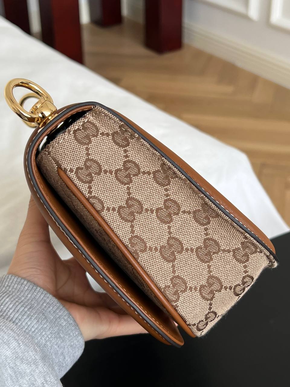 Gucci GG Monogram Canvas Brown Leather Trim Round G-logo Saddle Crossbody Bag