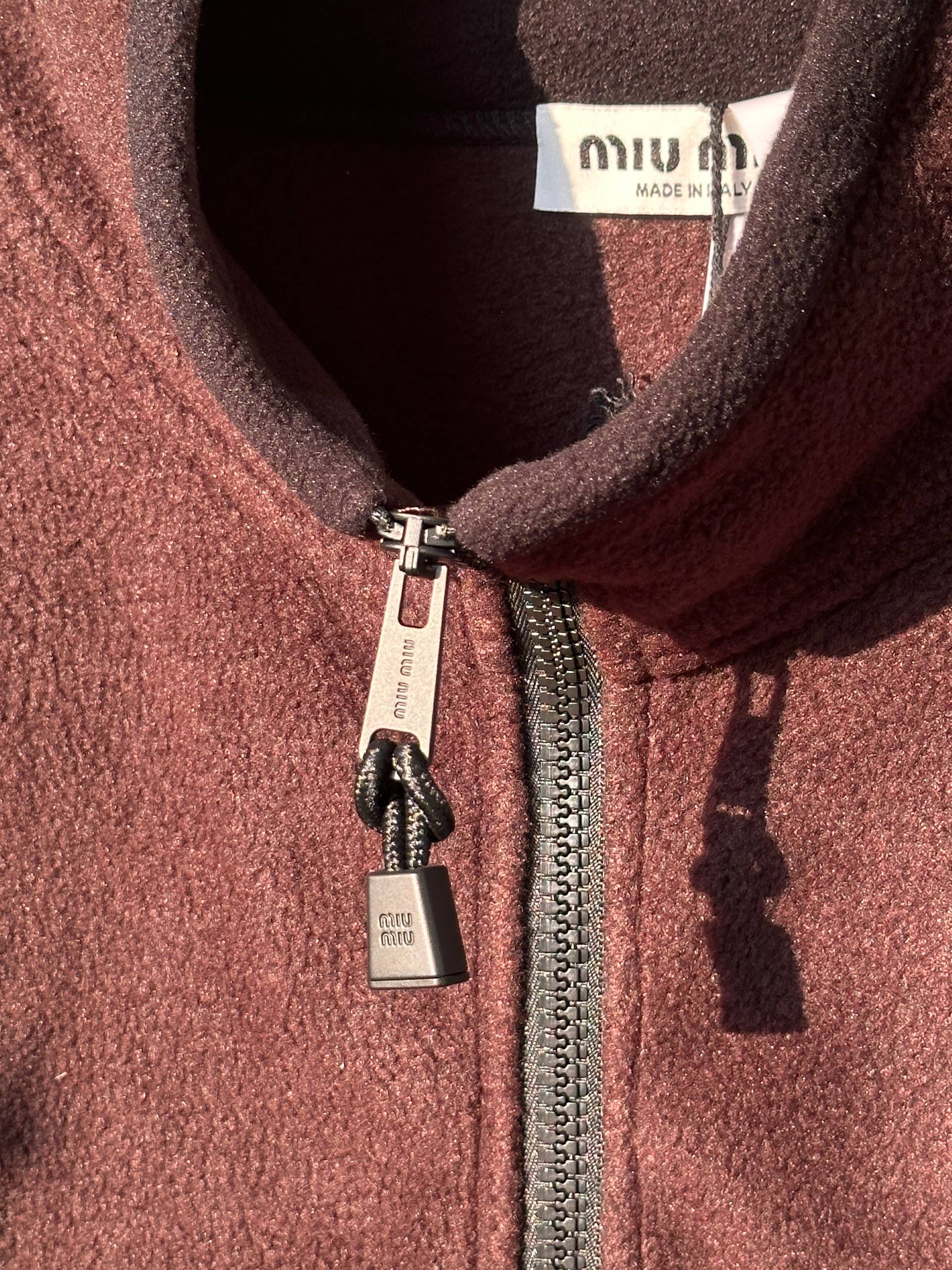 Miu Miu Stand Collar Fleece Zip Jacket with Chest Logo Embroidery