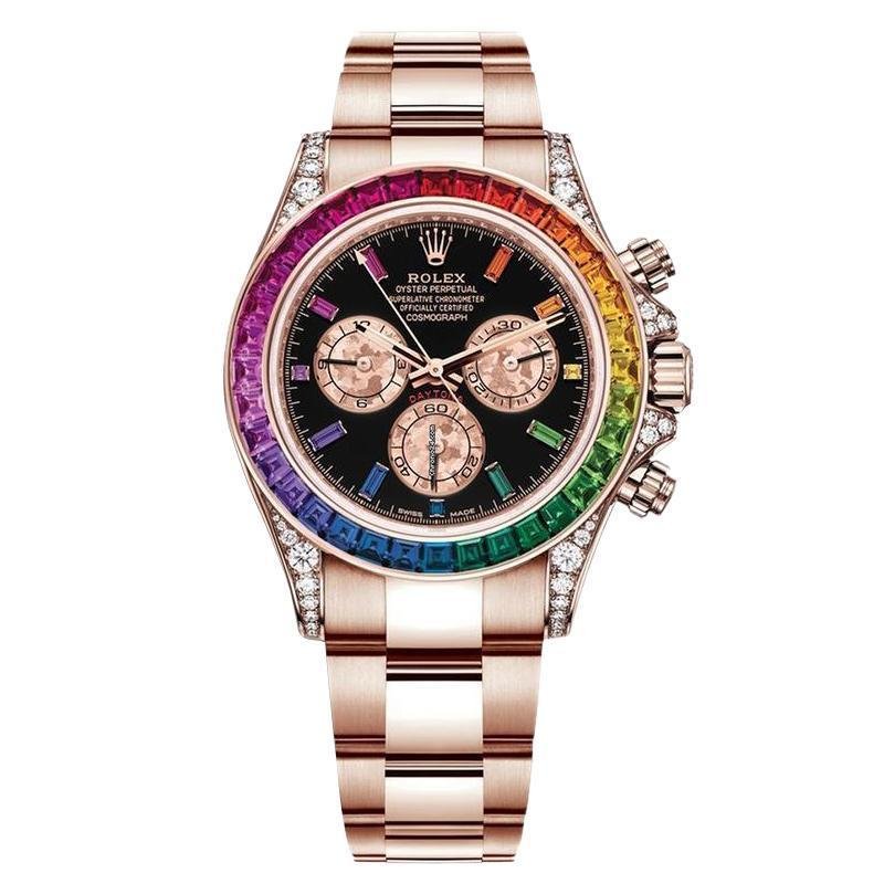Rolex Daytona Rainbow 116595RBOW: Black Dial, Diamond Bezel, Oyster Bracelet, Rose Gold Watch【1:1 Replica】