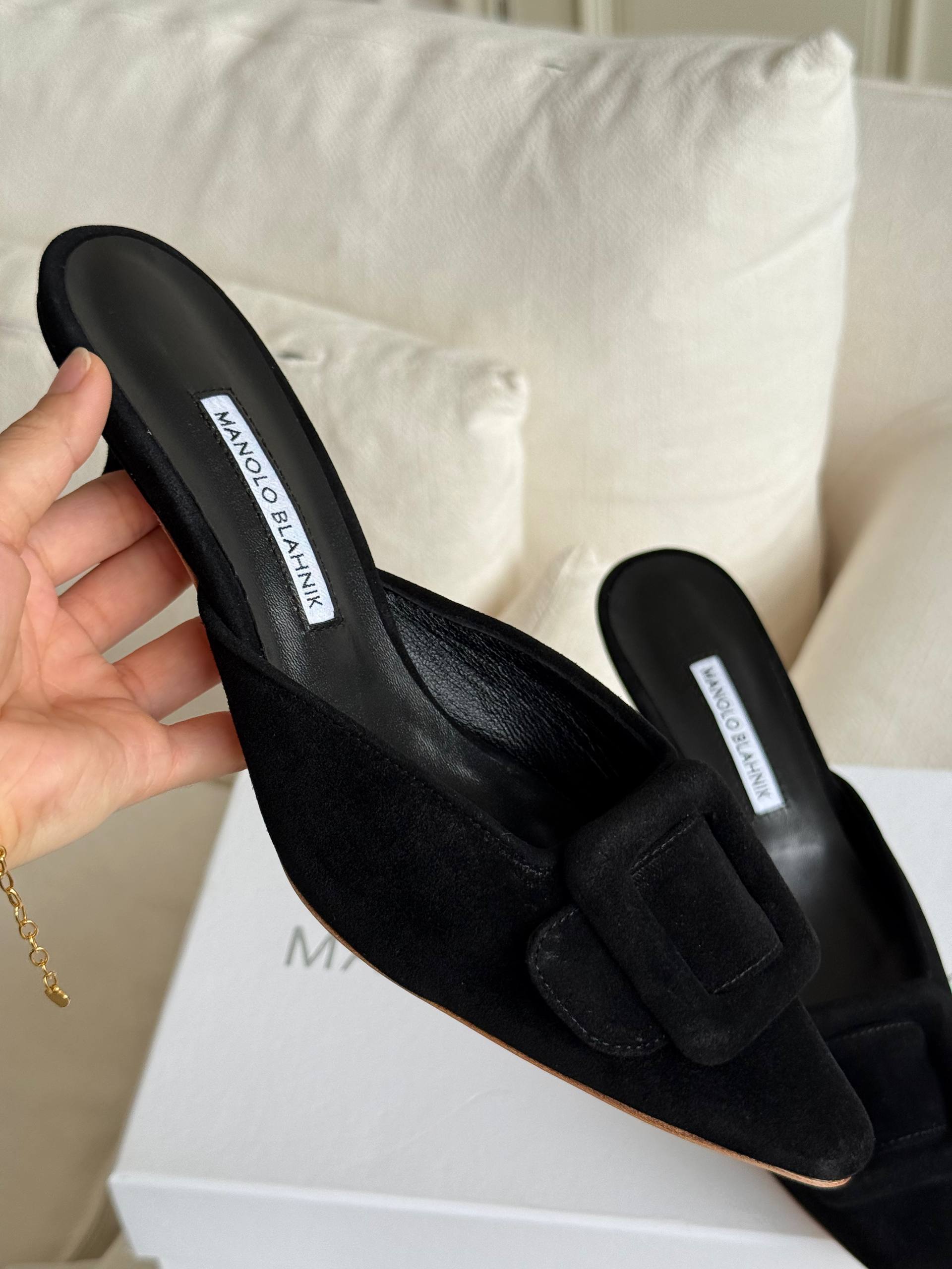 Manolo Blahnik Square Buckle Suede Pointed-Toe Stiletto Mules