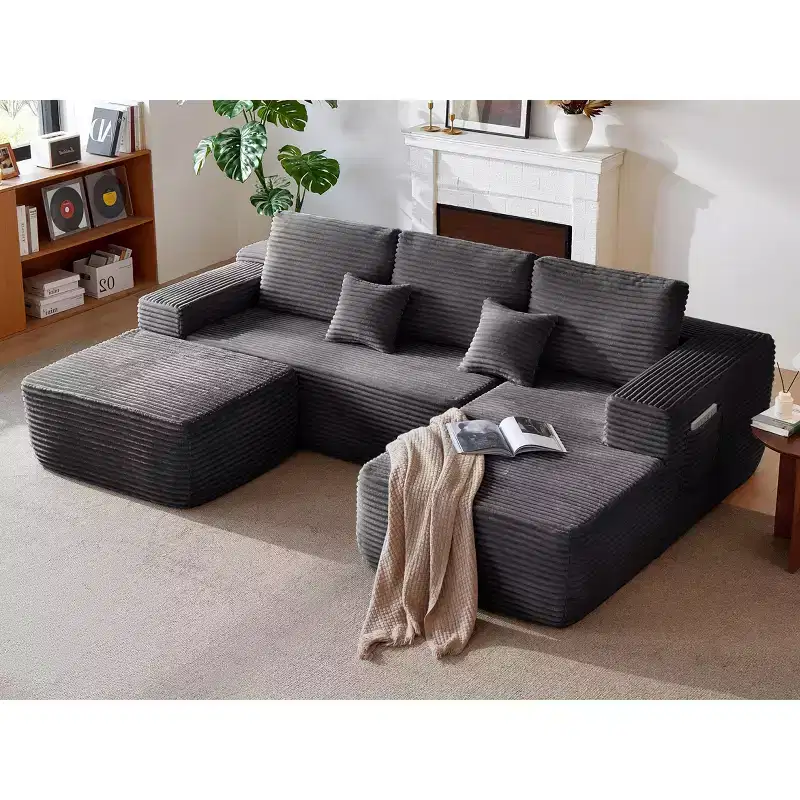 Canapé d'angle en U de 264 cm - Méridienne profonde, velours côtelé moelleux, poches latérales, gris
