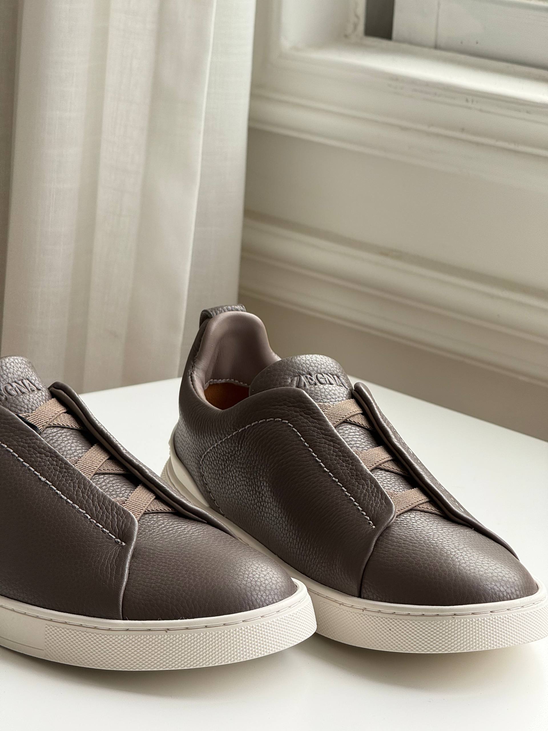 Zegna Triple Stitch Slip-On Elastic Cross Strap Leather Sneakers