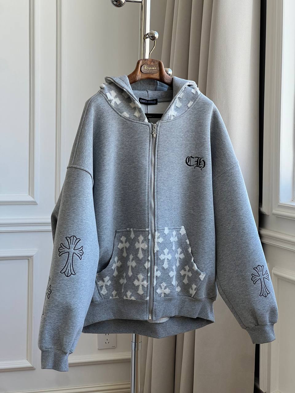 Chrome Hearts Grey Cross Patch Zip-Up Hoodie