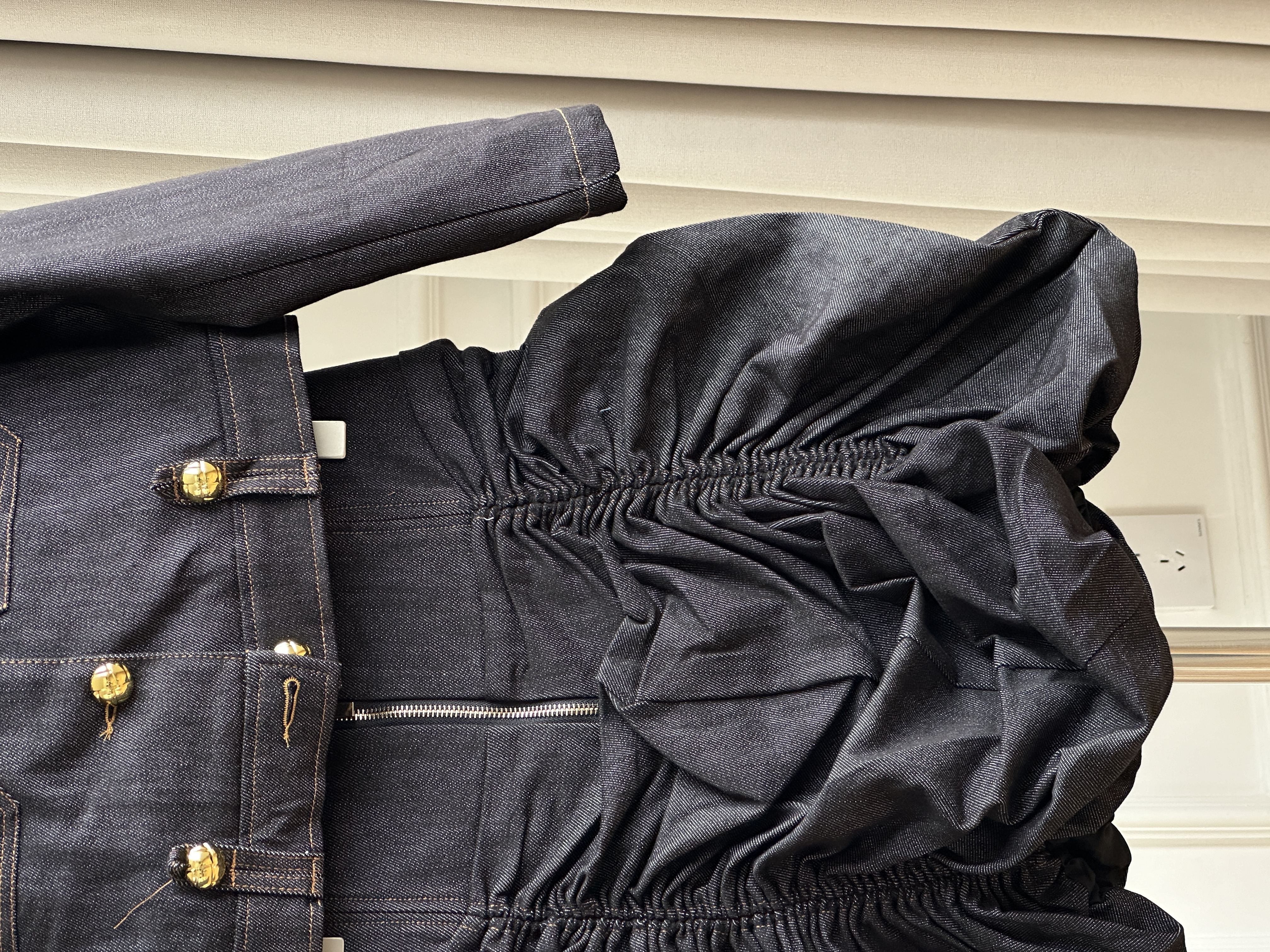 Chanel Style Round Neck Gold Button Cropped Denim Jacket & Ruched Bud Mini Skirt Two Piece Set