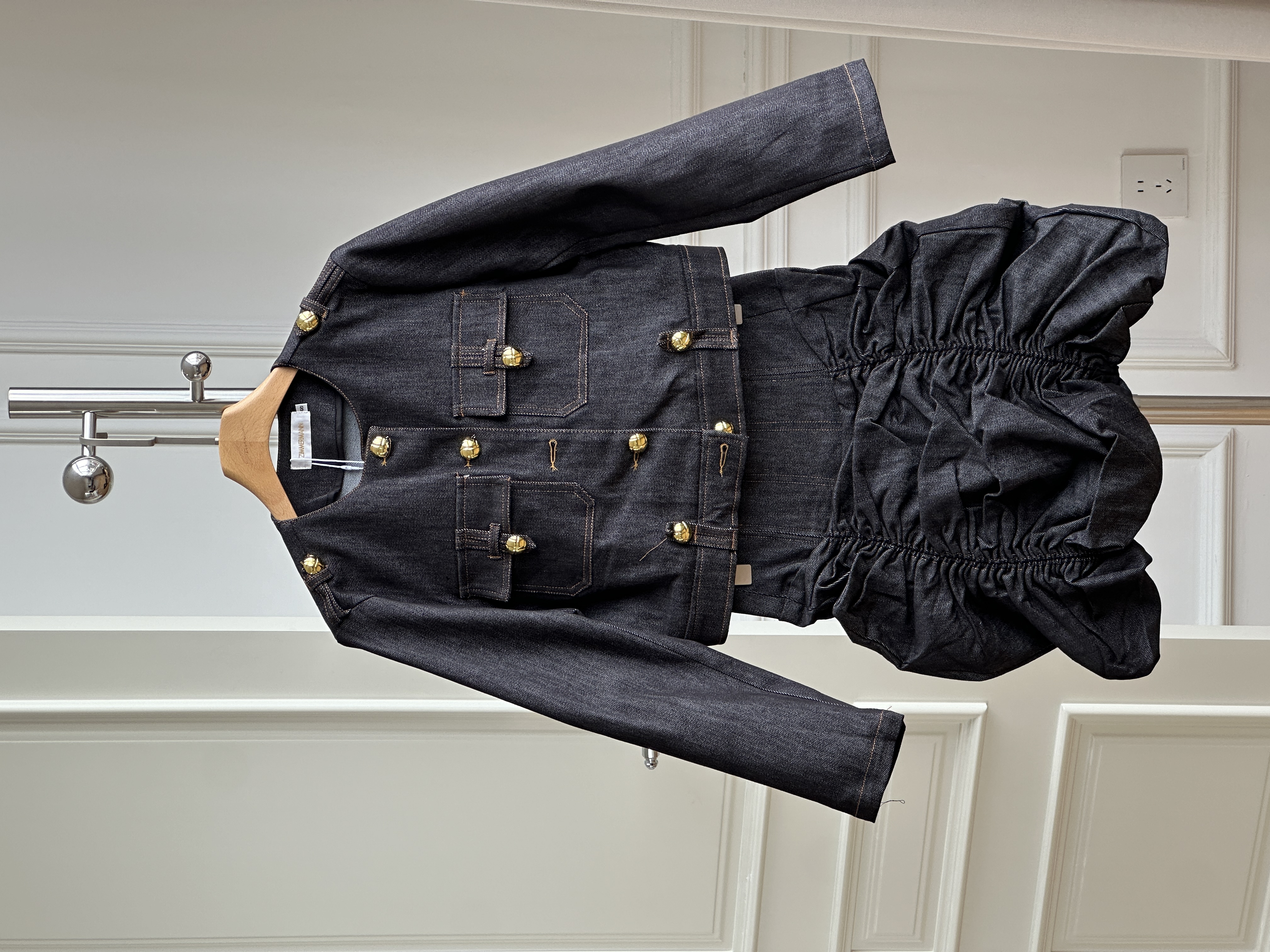 Chanel Style Round Neck Gold Button Cropped Denim Jacket & Ruched Bud Mini Skirt Two Piece Set