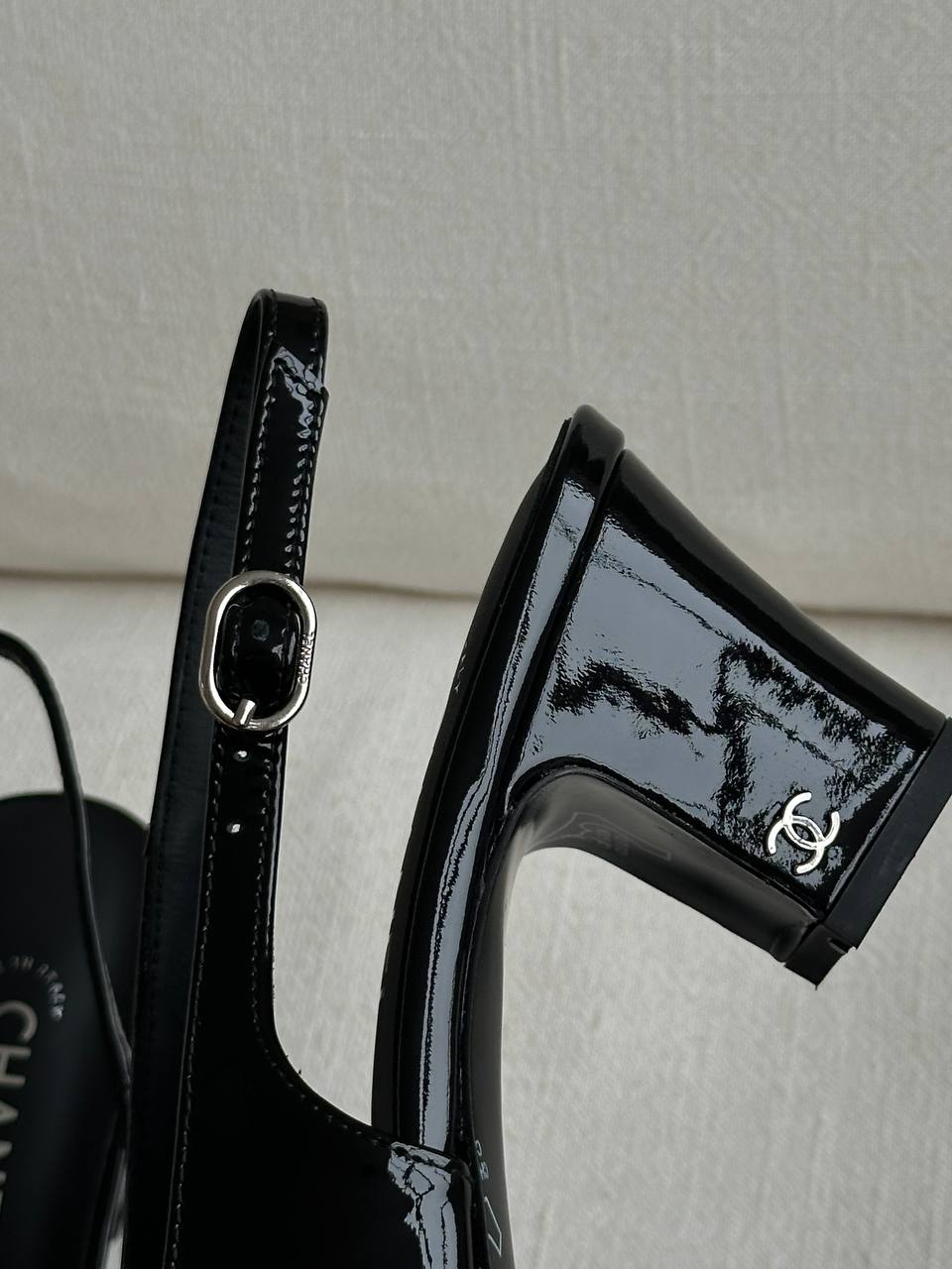 Chanel Black Patent Leather Pointed Toe Slingback Block Heel Sandals