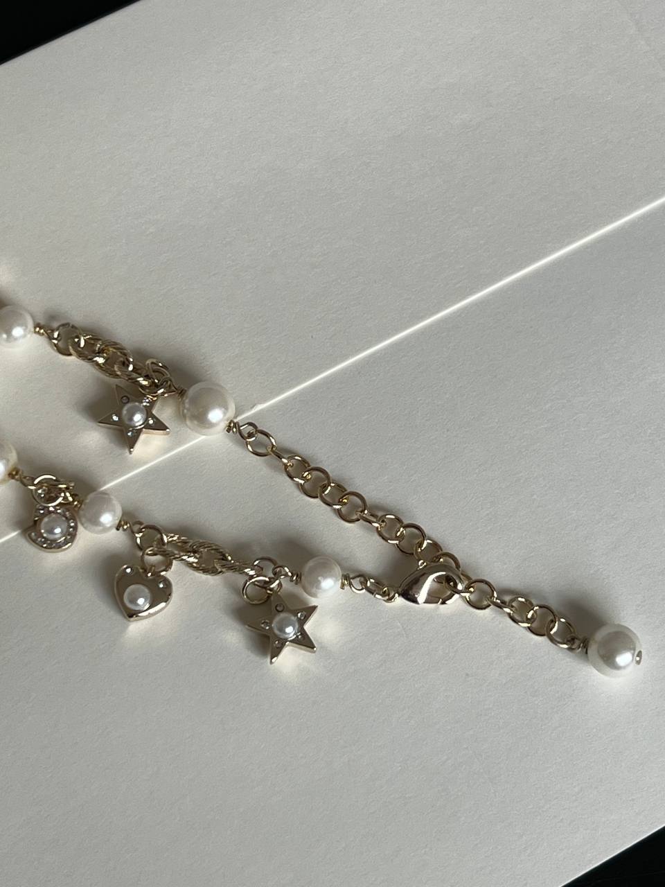 Chanel Light Gold Chain Bracelet With Crystal CC, Pearl, Star, Heart & No.5 Charms Adjustable