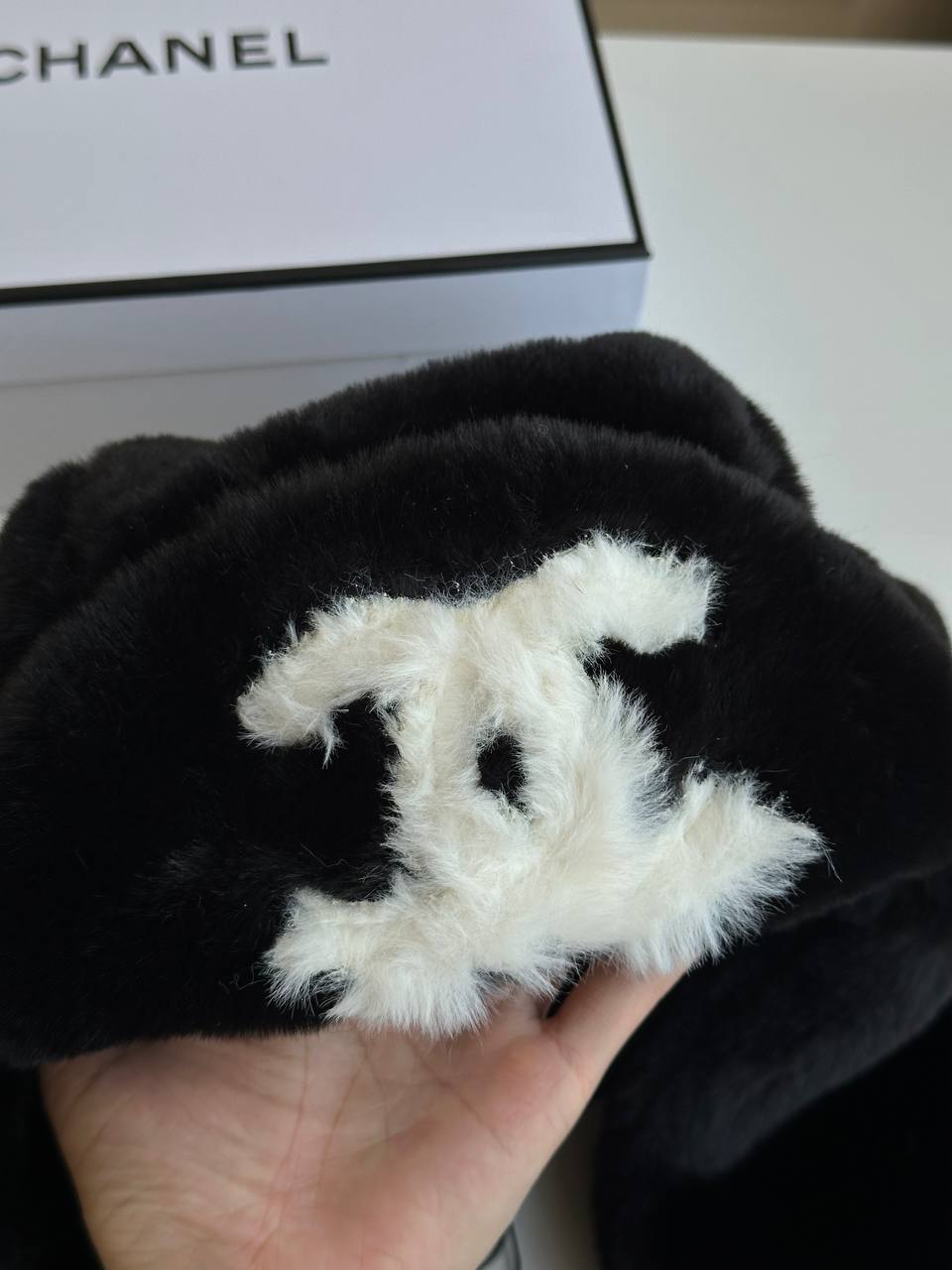 Chanel Black Faux Fur Trapper Hat With White Fur Interlocking CC Logo
