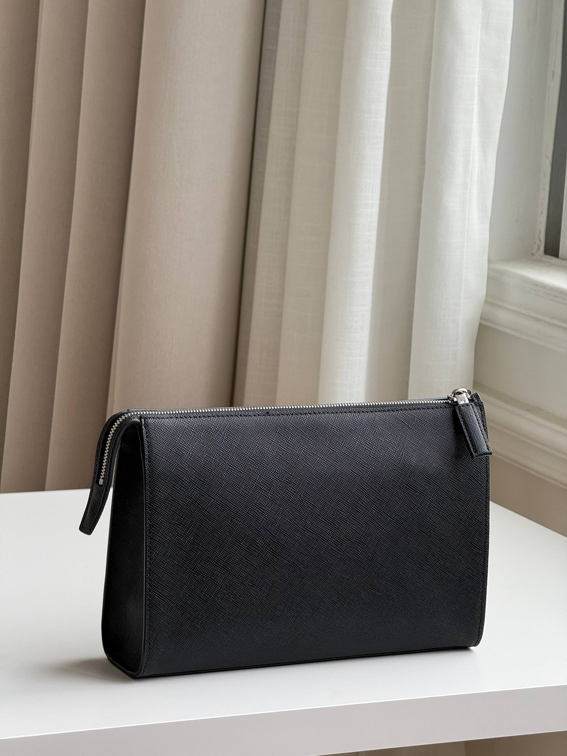 Prada Saffiano Leather Triangle Logo Zip Clutch Pouch