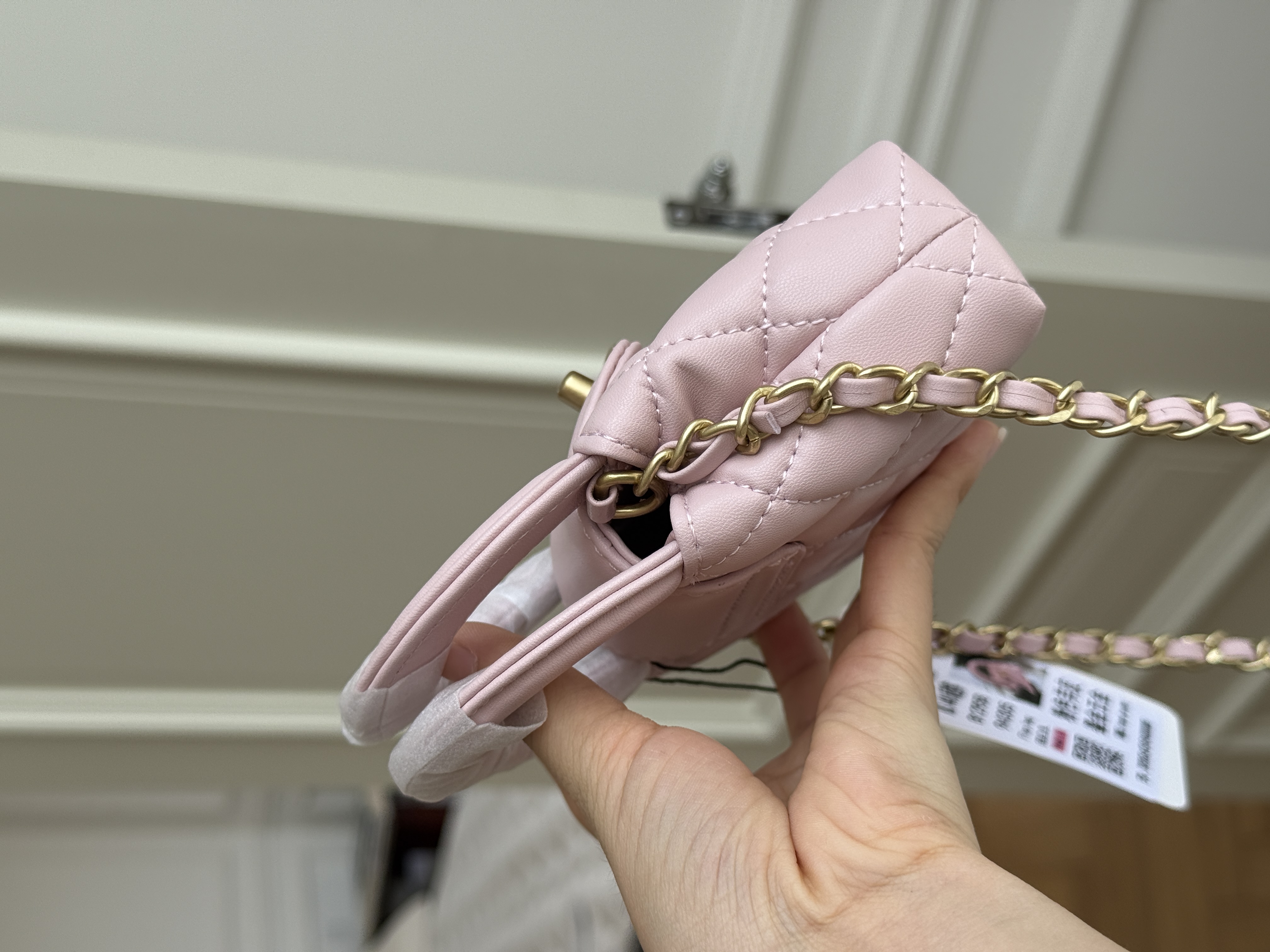 Chanel Cherry Blossom Pink Smooth Lambskin Mini Top Handle Quilted Crossbody Bag With Gold CC Turnlock
