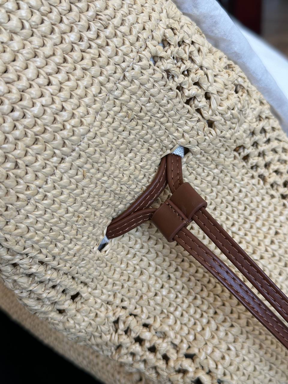 YSL Natural Raffia Hollow Weave Drawstring Chain Tote Straw Bag