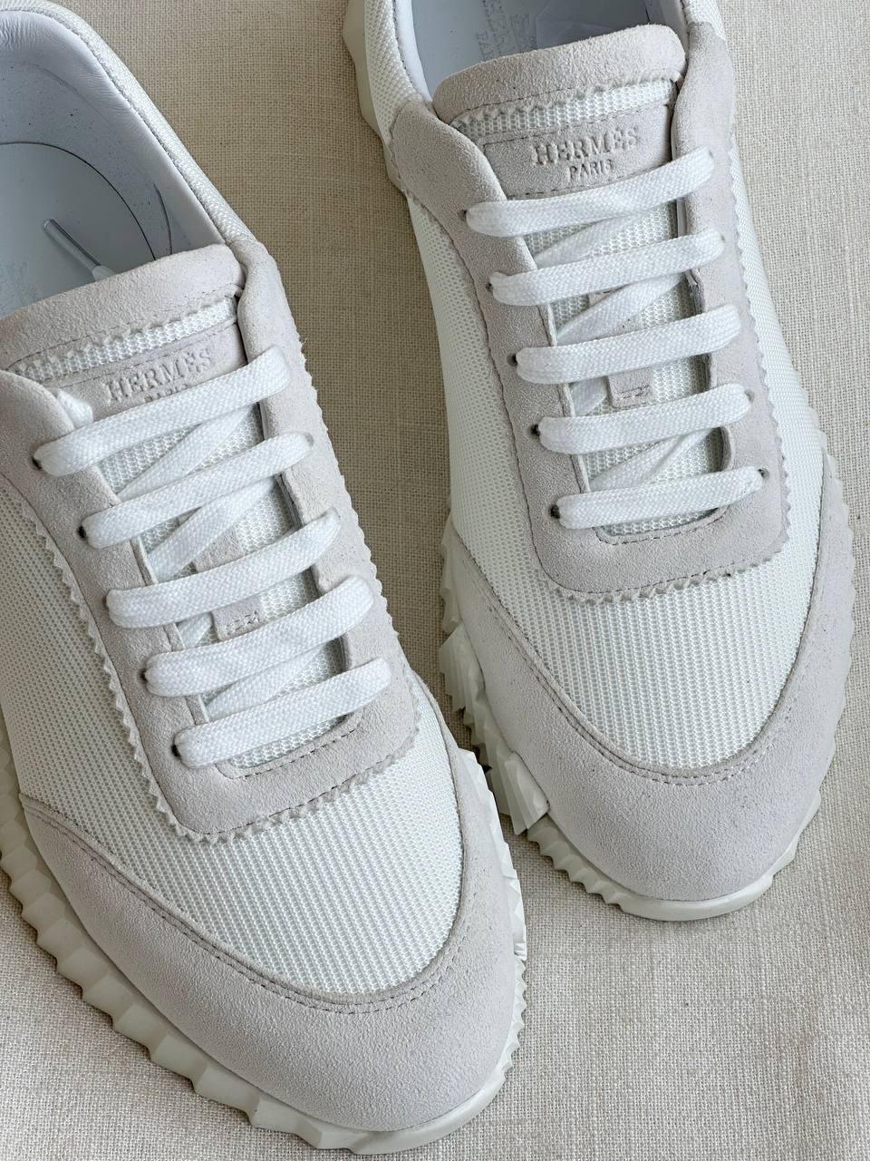 Hermès White Technical Fabric & Suede Chunky Sole Sneaker