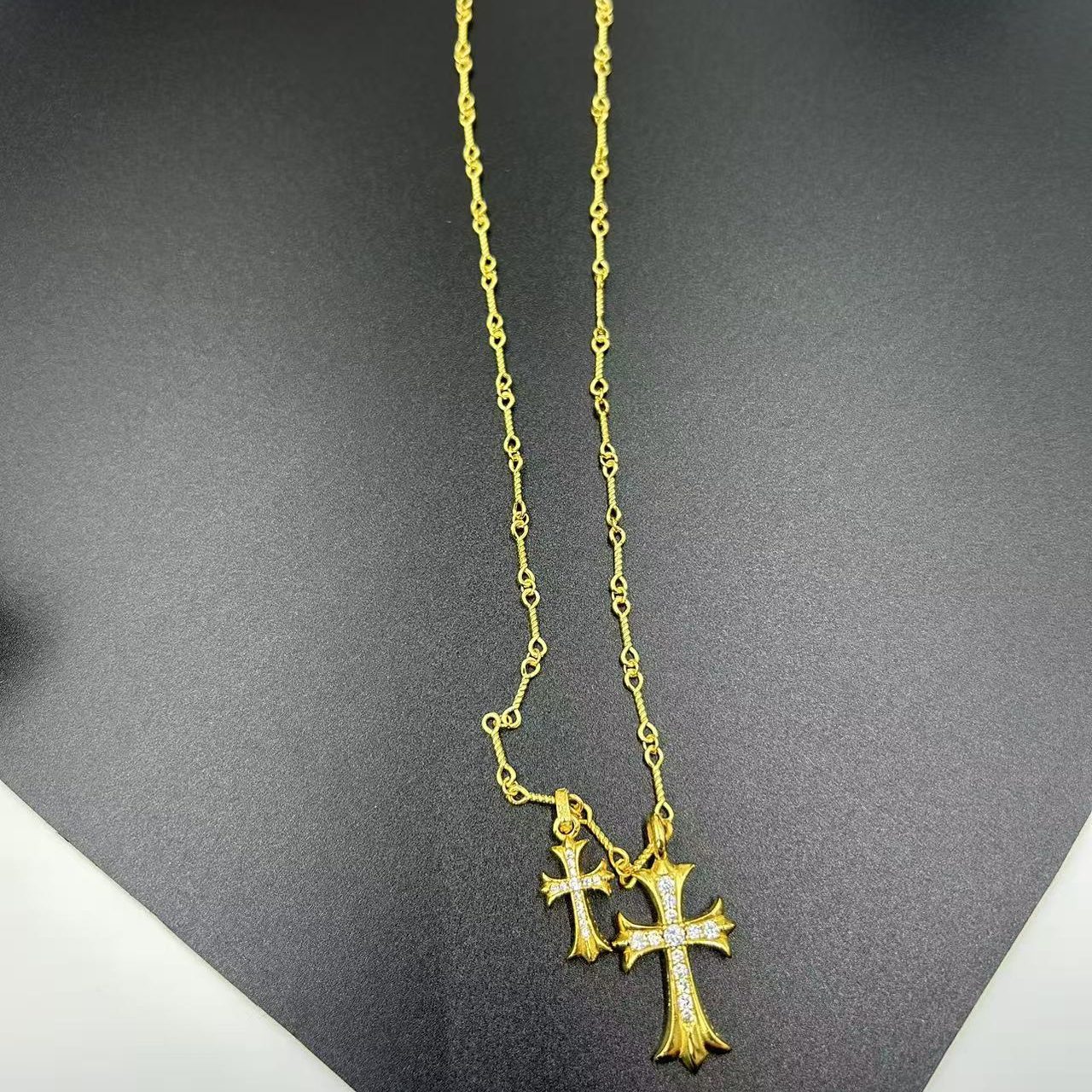 CHROME HEARTS 22K GOLD DOUBLE CROSS LAYERED NECKLACE WITH FULL DIAMOND EMBELLISHMENT