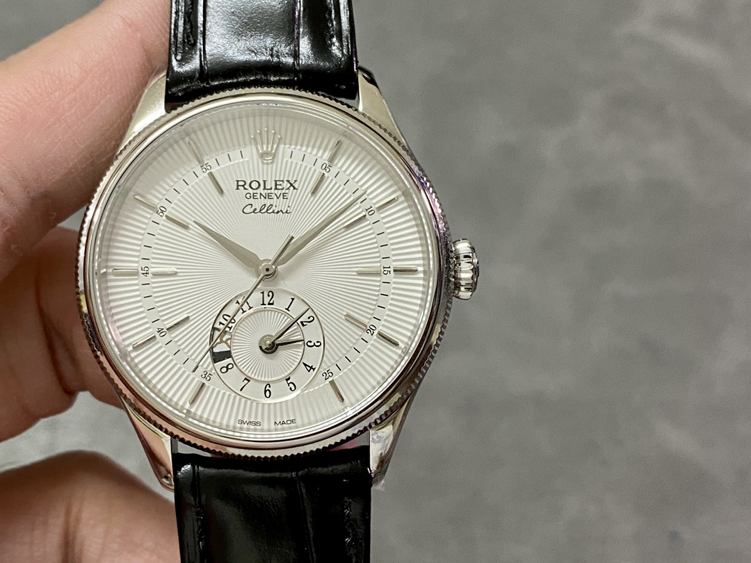 Rolex Cellini Dual Time 50529 Silver Sunburst Dial Black Leather Strap 39mm Mens Replica Watch