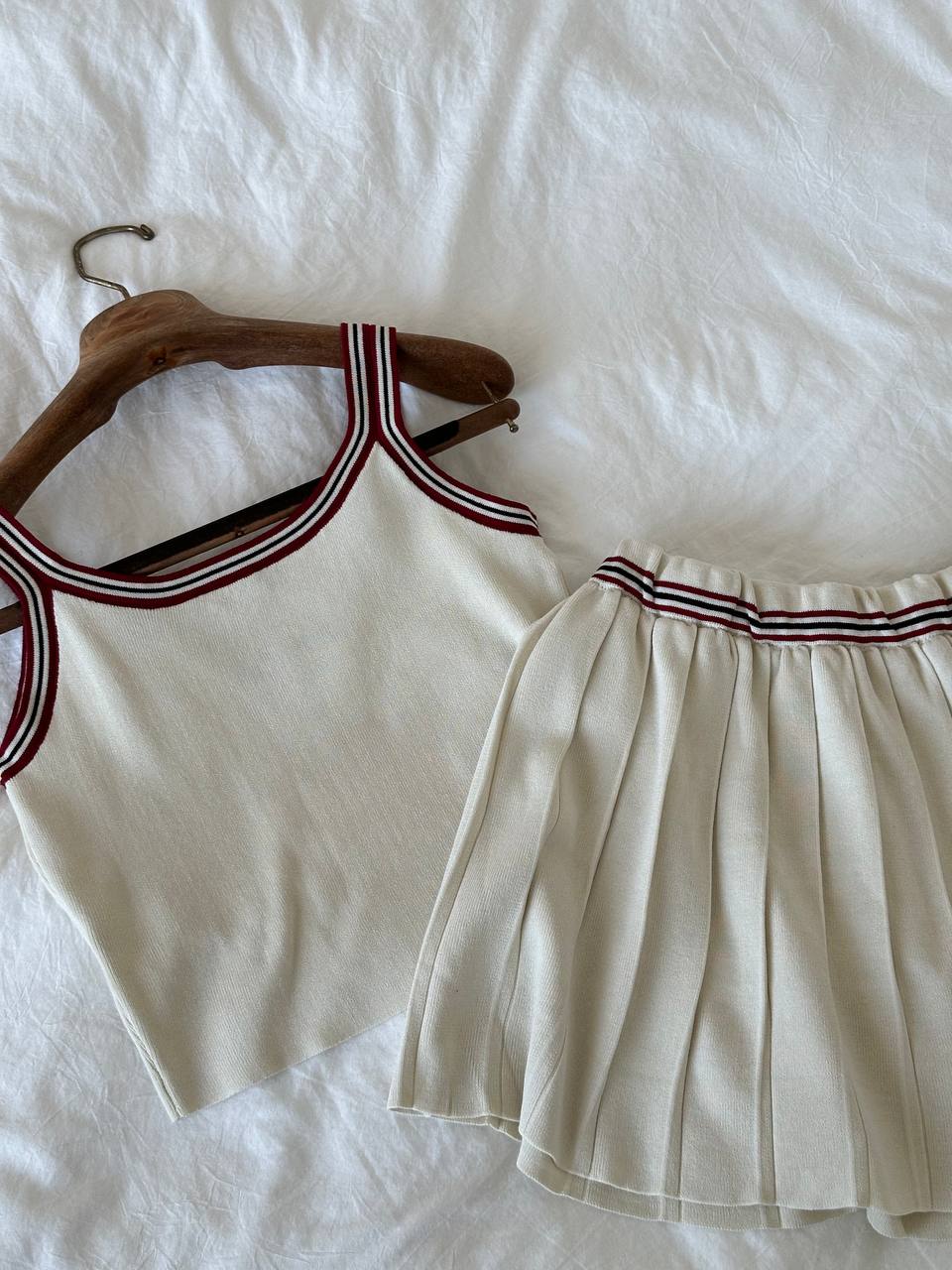 Miu Miu Cream Striped Trim Letter Embroidery Knit Cami Top & High Waist Pleated Skirt Two Piece Set