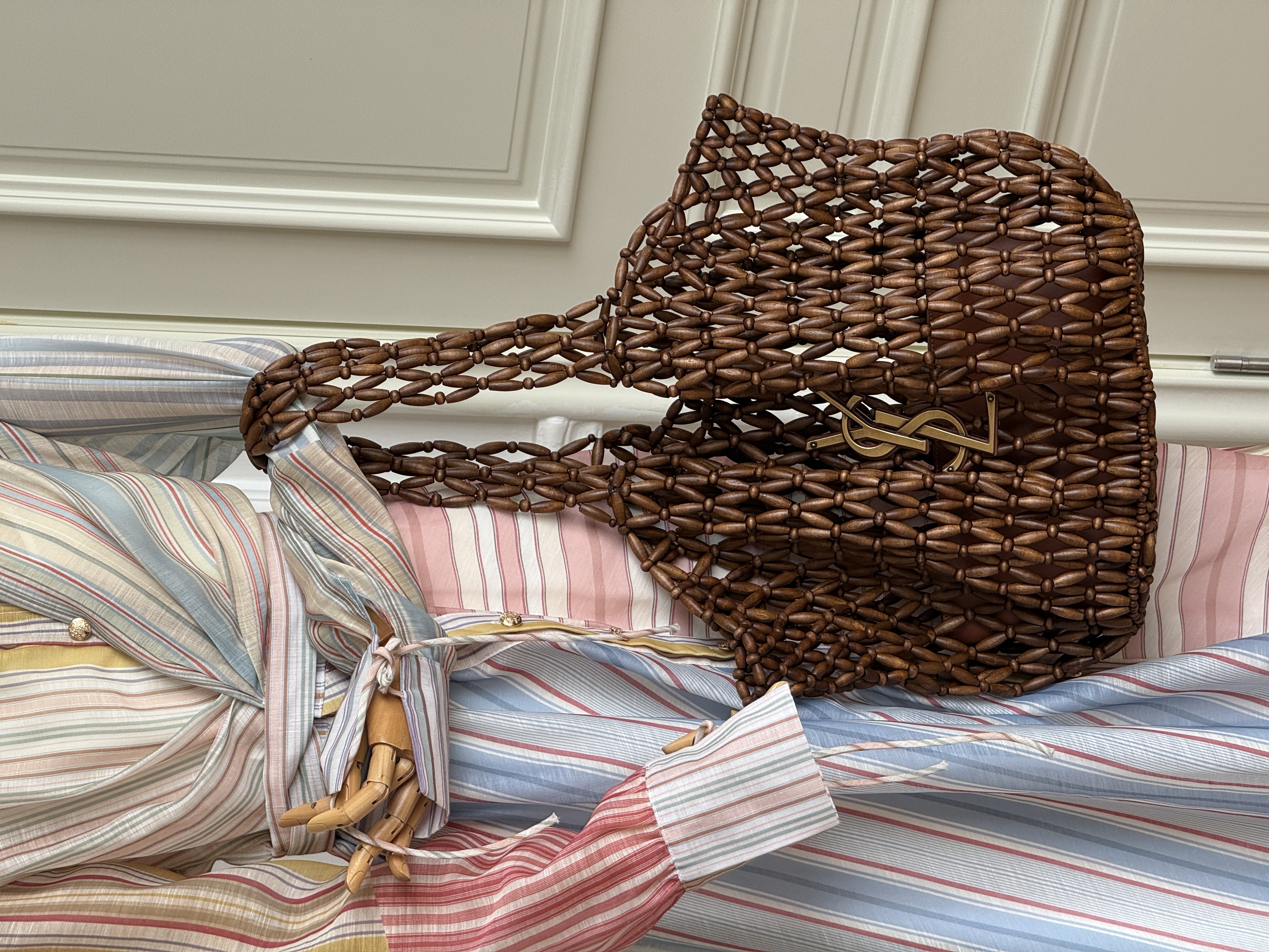 YSL Wooden Bead Open-Weave Tote Beach Bag