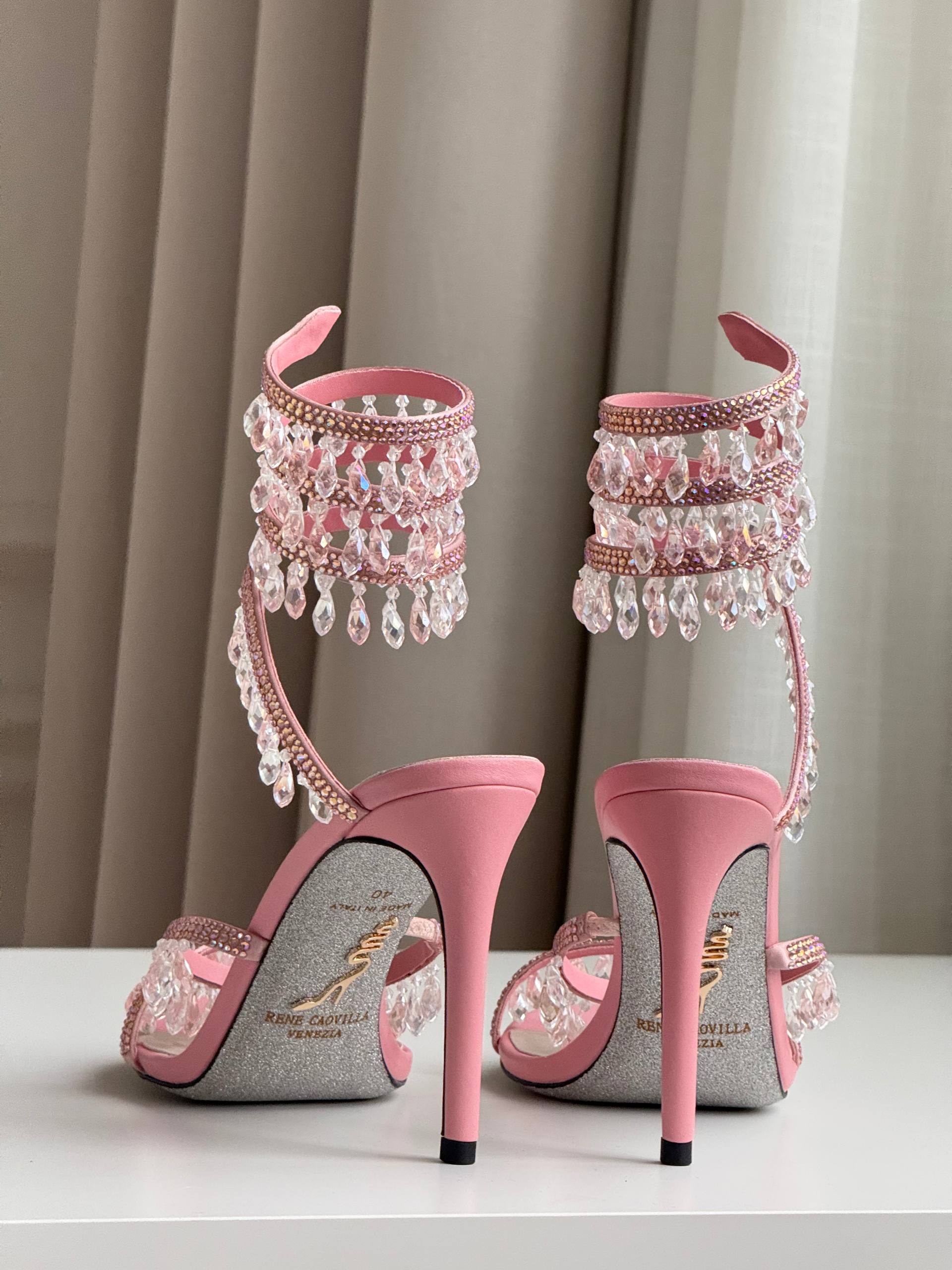 Pink Crystal Tassel Ankle Wrap Open Toe Stiletto Sandals