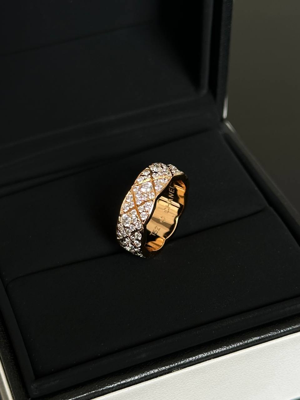 Chanel Coco Crush 18K Rose Gold Quilted Full Diamond Wide Band Ring