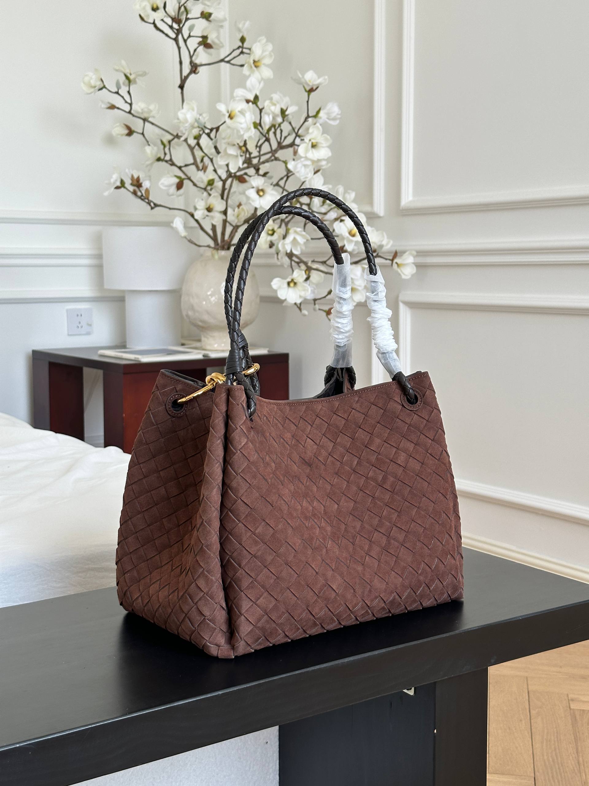 Bottega Veneta Dark Brown Suede Intrecciato Woven Knot Tote Bag