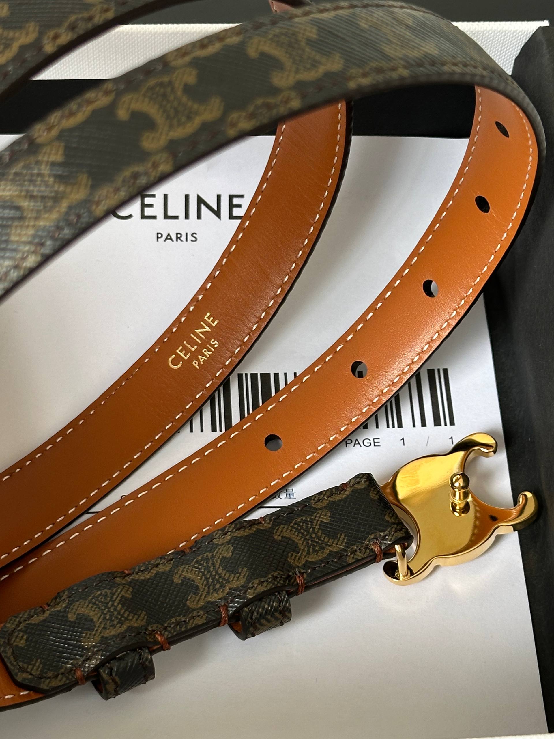 Celine Triomphe Gold Buckle Monogram Coated Canvas Leather Belt