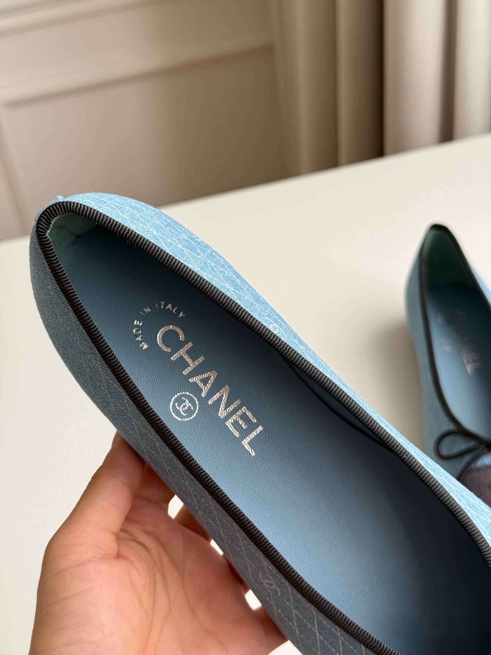 CHANEL Classic Quilted CC Embroidered Cap-Toe Ballet Flats (Blue & Grey)