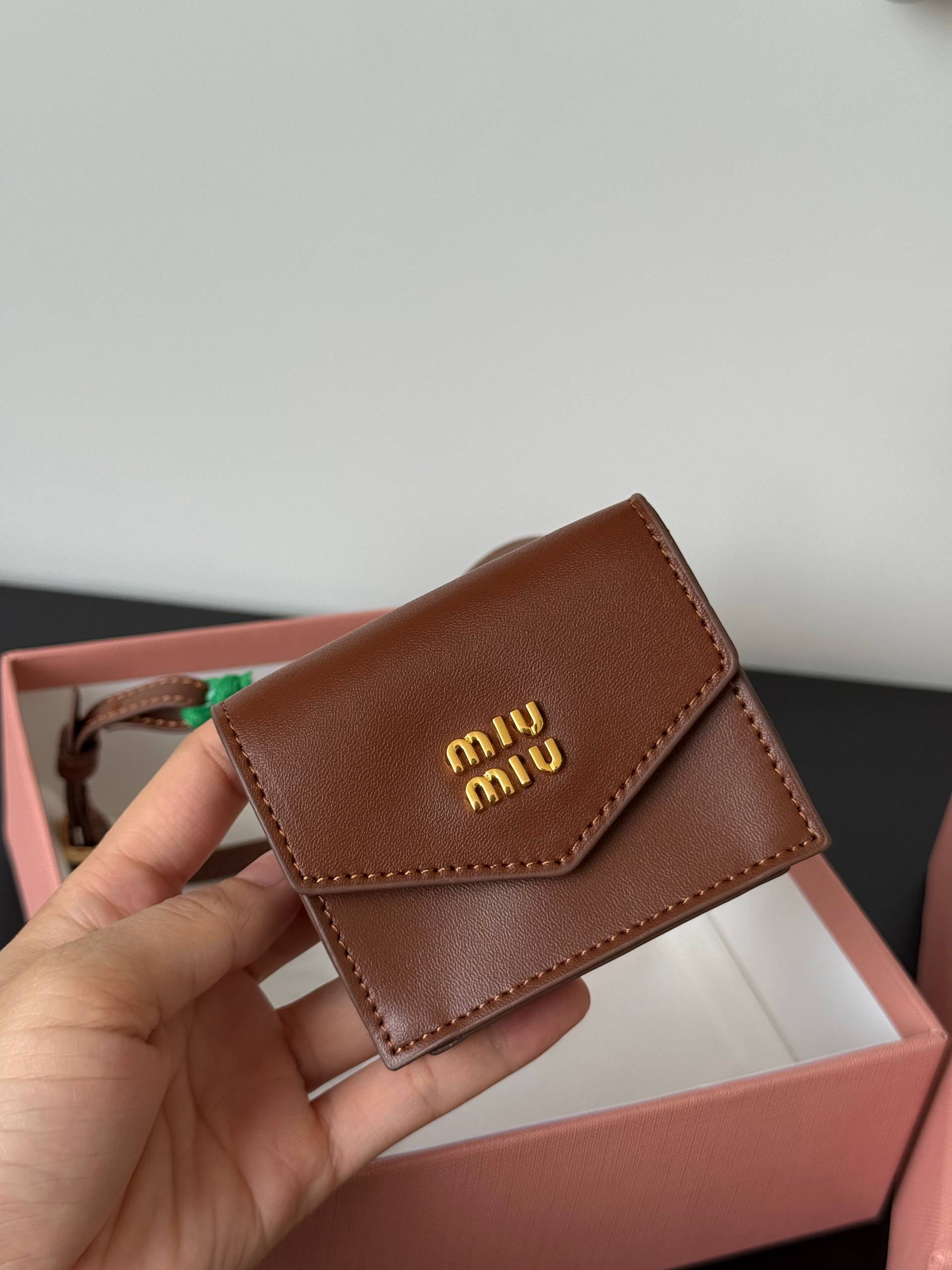 Miu Miu Brown Leather Envelope Card Holder With Gold Logo