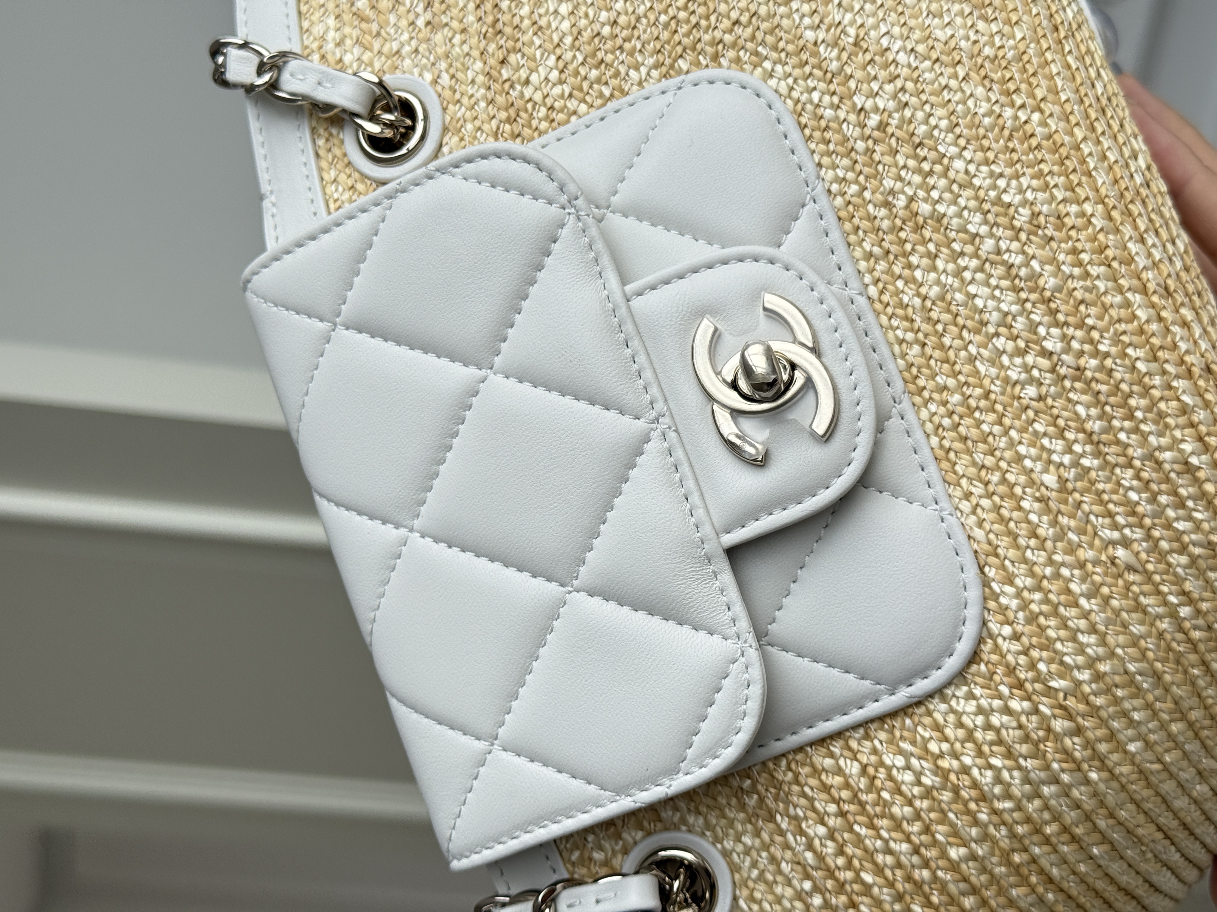 Chanel 26C Raffia & Leather Tote Basket Bag with Attached Pouch