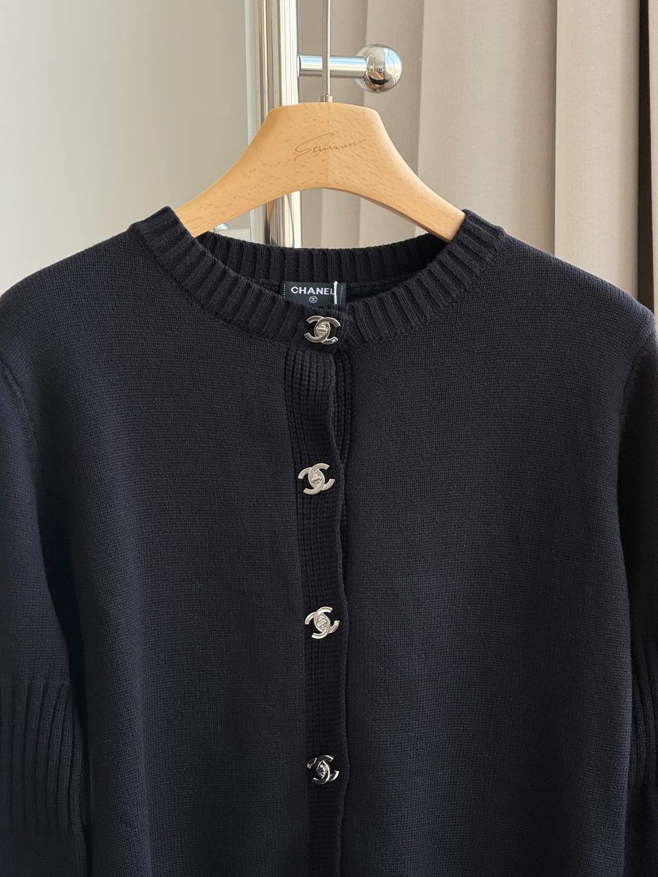 CHANEL Crew Neck Knit Cardigan with Double CC Buttons