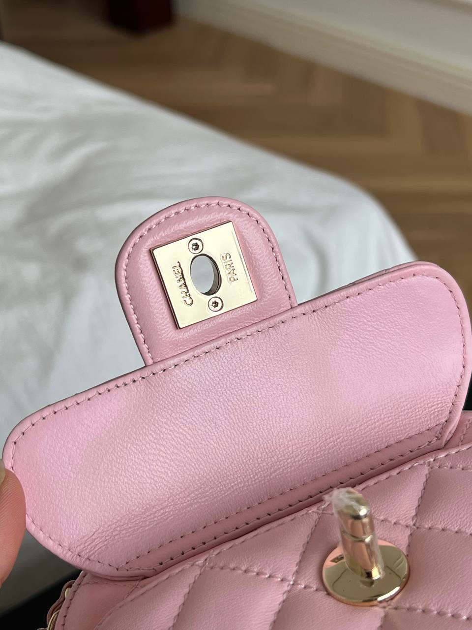 Chanel Pink Lambskin Quilted Heart Mini Crossbody Bag With Crystal Turnlock
