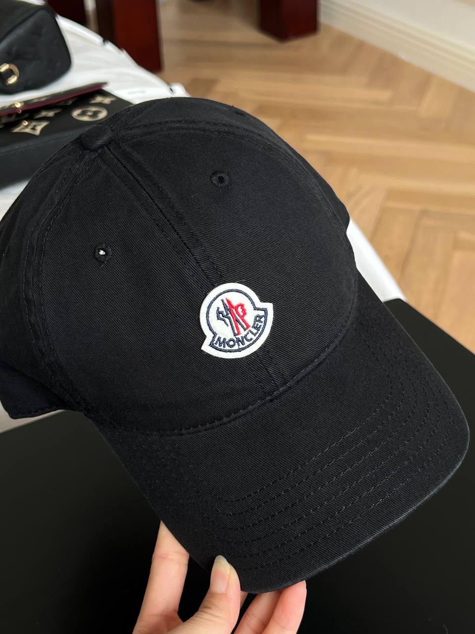 Moncler Black Washed Cotton Soft Baseball Cap With Circular Patch Embroidery Logo