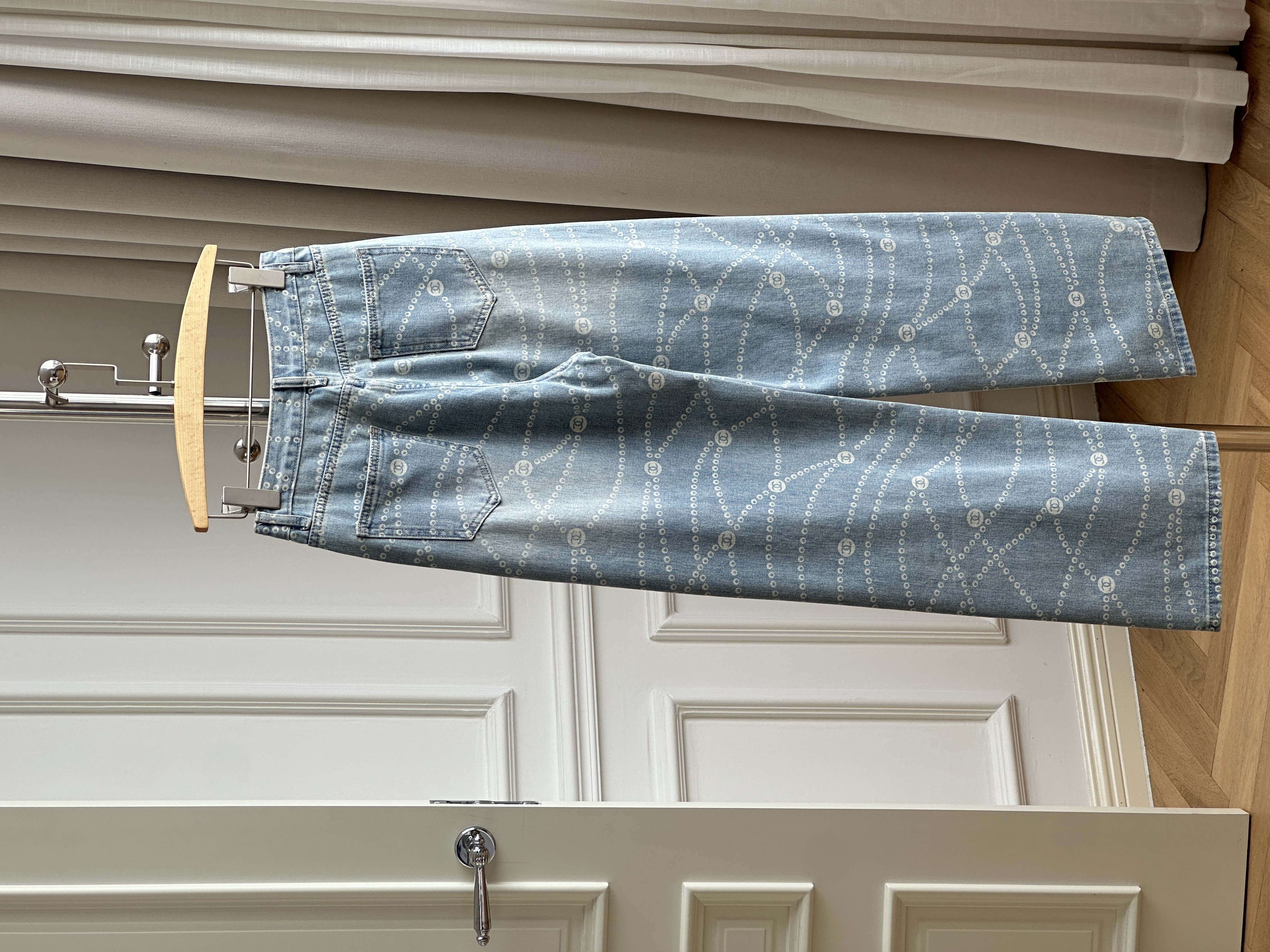Chanel 25P Light Blue Pearl Chain Print Straight-Leg Jeans