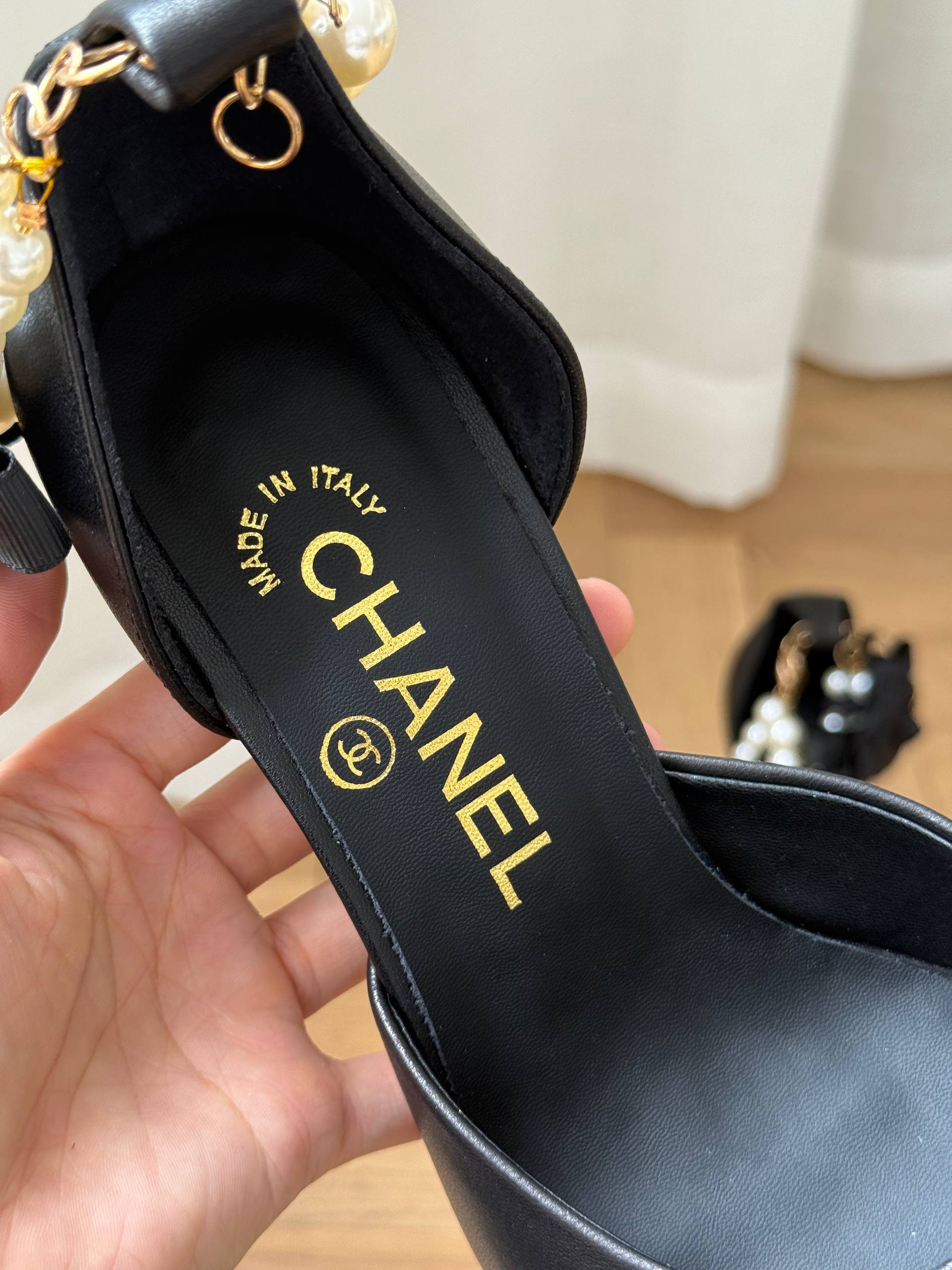 CHANEL Camellia Bow Pearl Ankle Strap Pointed Toe High Heel Sandals