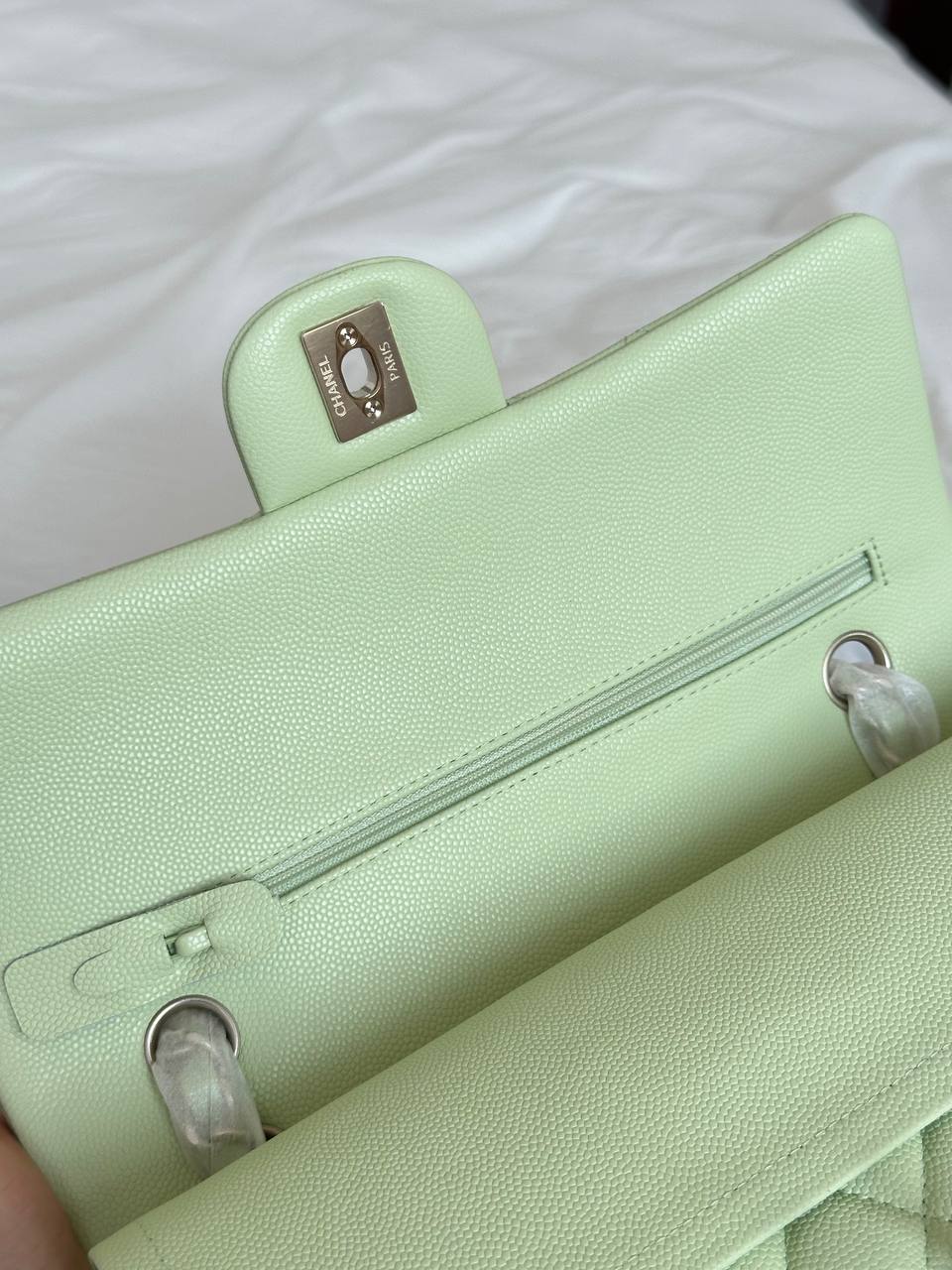 CHANEL Classic Flap Light Green Caviar Quilted Leather Bag with Light Gold Hardware
