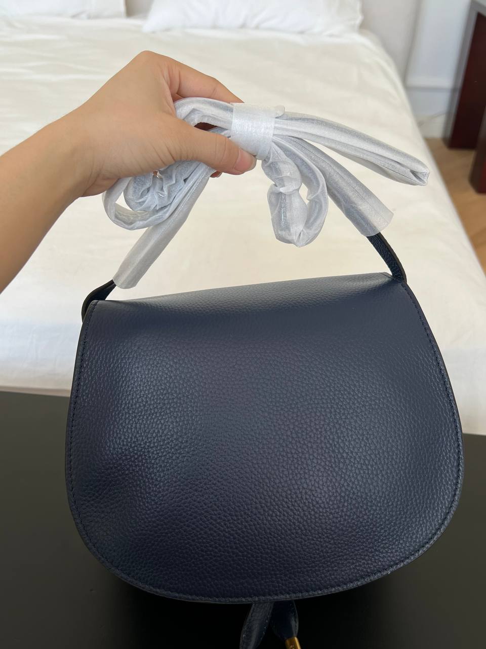 Chloé Navy Pebbled Leather Small Marcie Saddle Crossbody Bag