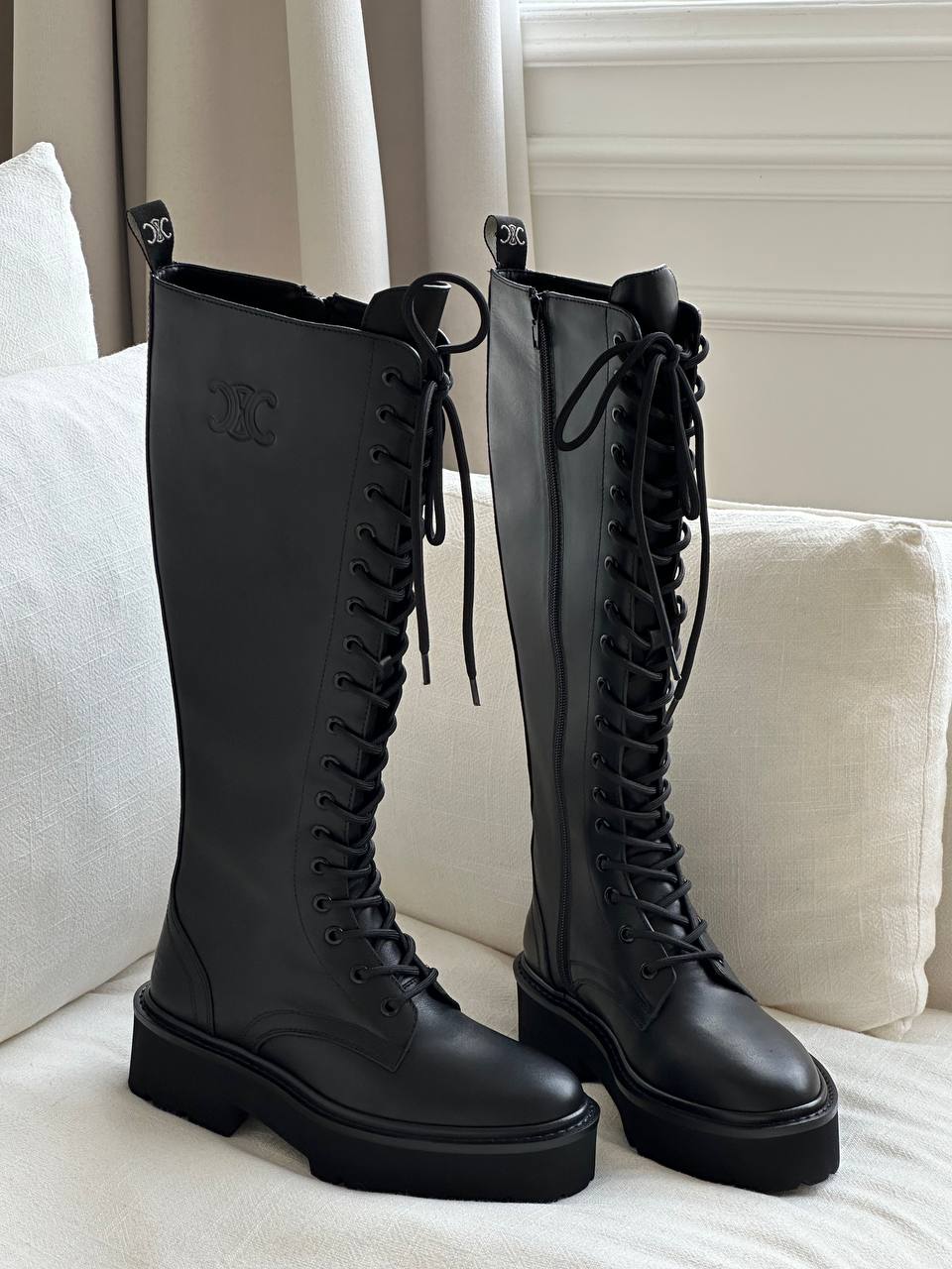 Celine Black Smooth Calfskin Triomphe Embossed Platform Lace-Up Knee High Boots